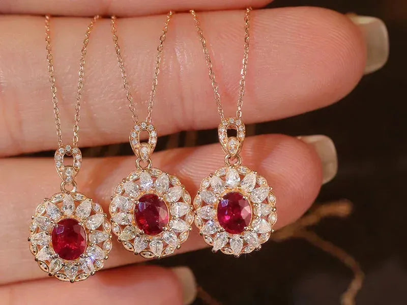 18K Rose Gold Pendant Necklace with Genuine Mozambique Ruby & Diamonds - Elegant Classic Shape Jewelry for Women, Perfect for Engagement, Anniversary & Special Occasions