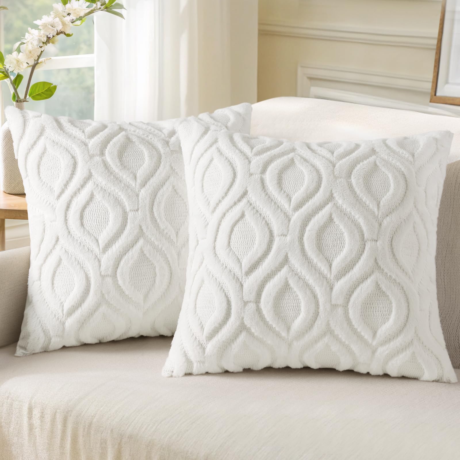Premium Soft Plush Faux Wool Throw Pillow Covers 26x26 Inch (Set of 2) - Cream Beige Couch Pillow Cases for Living Room, Sofa & Bed - Cozy Home Decor Accent Pillows for Spring & All Seasons