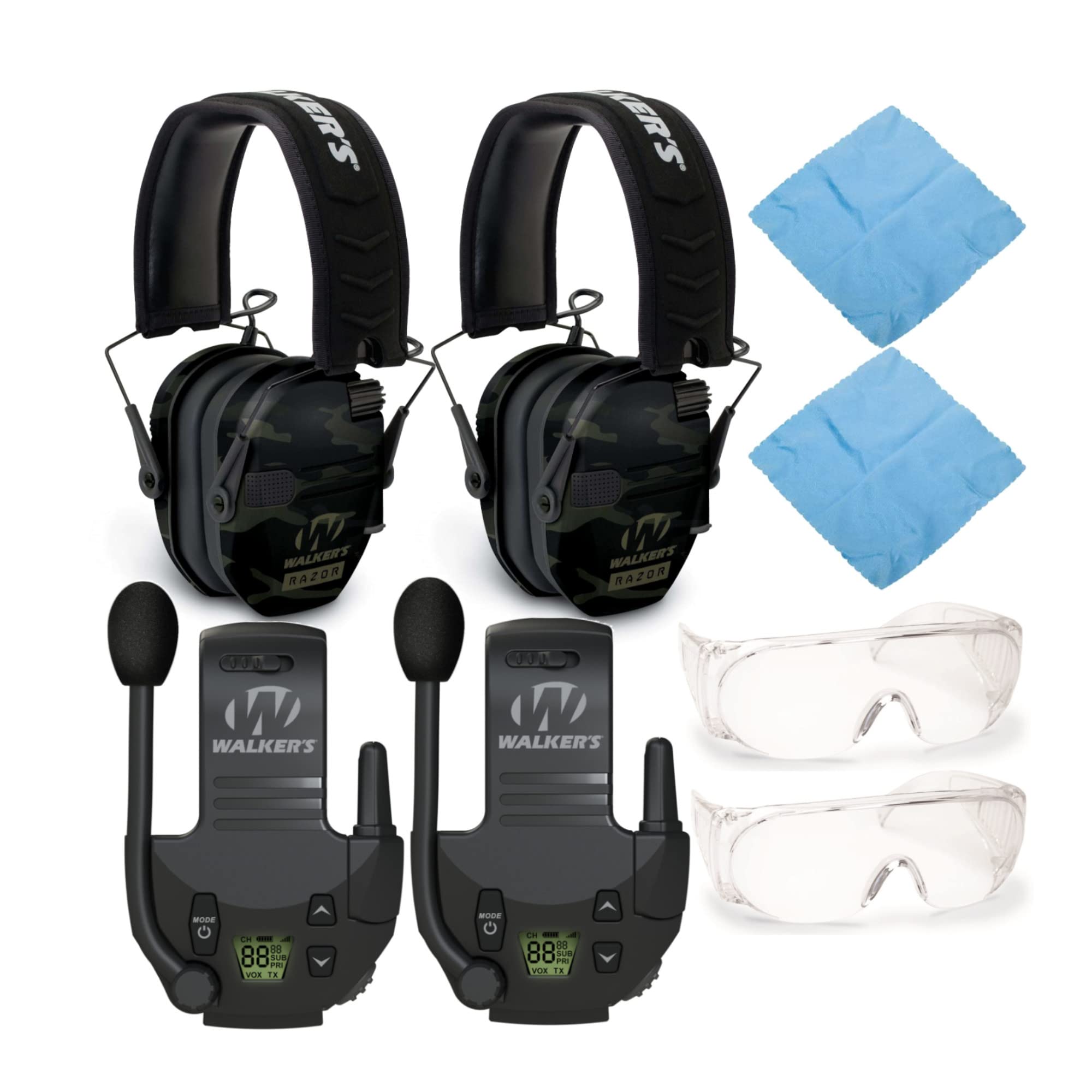 Walker's Razor Slim Electronic Shooting Earmuffs 2-Pack - Noise Cancelling Hearing Protection with Walkie Talkie & OTG Safety Glasses - Perfect for Hunting, Shooting Range, Construction Work and Outdoor Activities