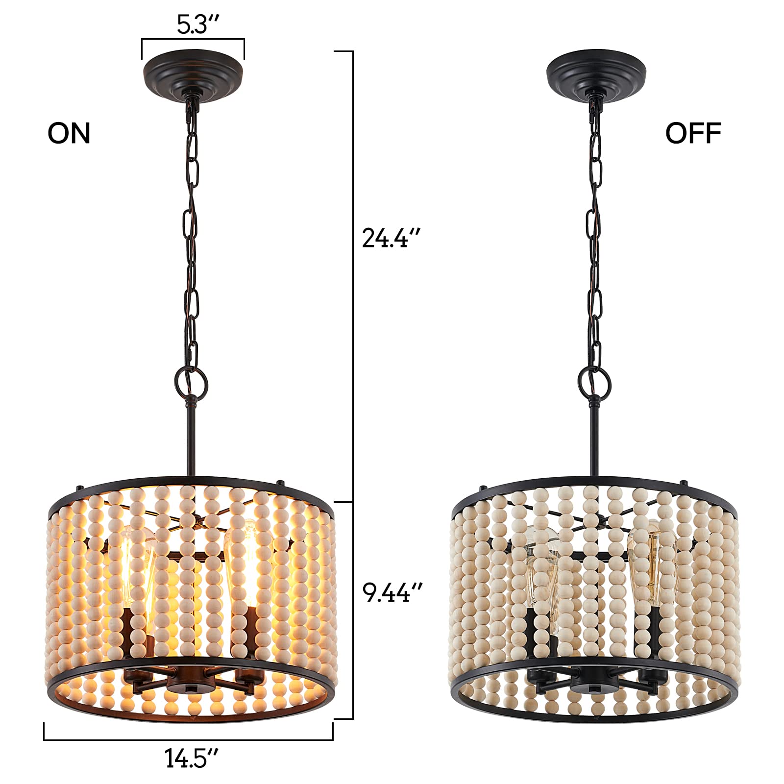 Farmhouse Chandelier Light Fixture - 4-Light Wood Beaded Boho Pendant Lantern for Dining Room, Living Room, Kitchen & Entryway - Rustic Ceiling Lighting for Home Decor & Foyer