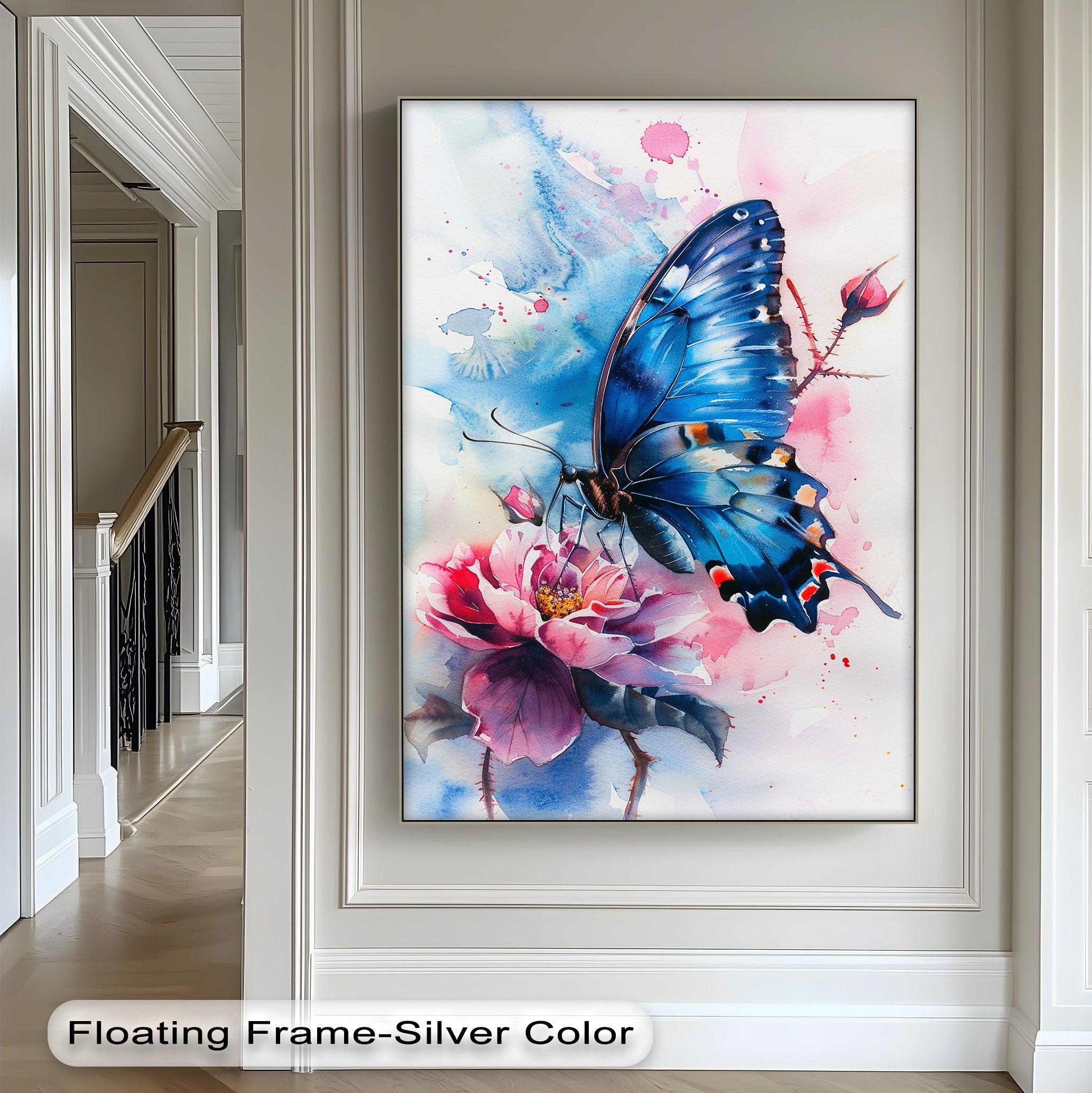 Blue Grace – Butterfly on Bloom Animal Canvas Print Wall Art – Perfect for Living Room, Bedroom & Office Decor