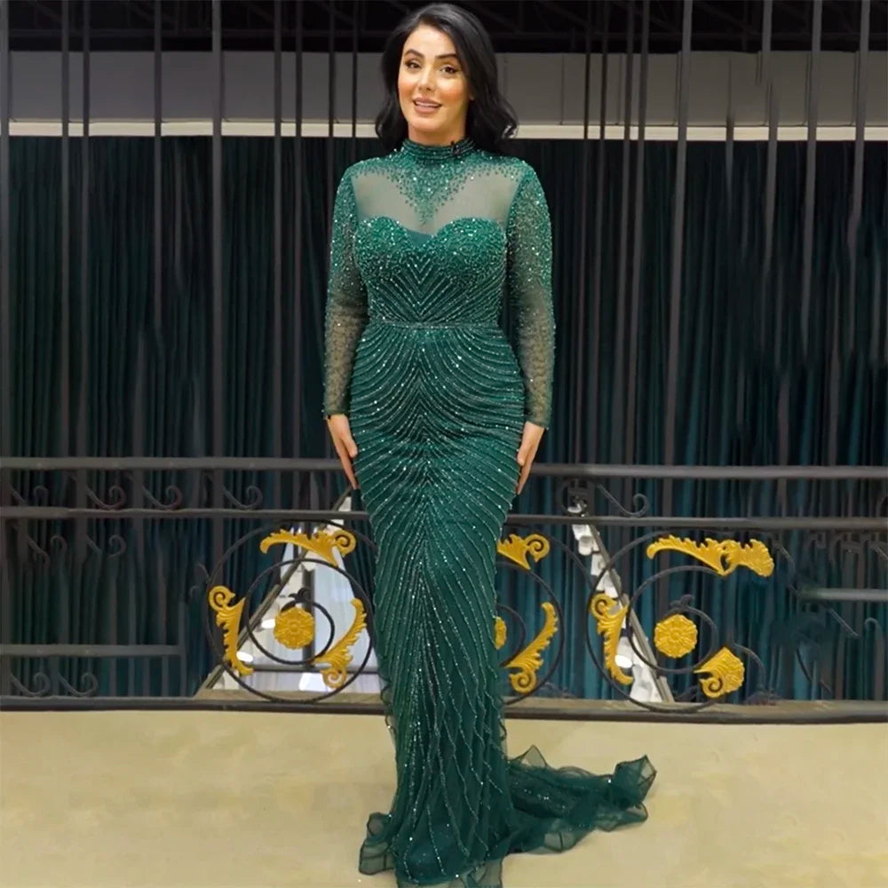 Elegant Muslim Green Mermaid Lace Beaded Arabic Evening Dress for Women - Luxury Wedding & Party Gown 2025 | Perfect for Bridal Showers, Formal Events & Special Occasions