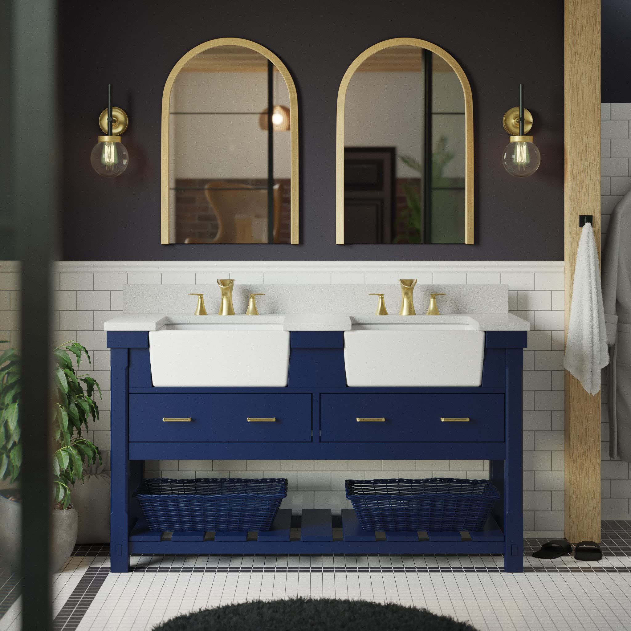 Charlotte 60-inch Double Bathroom Vanity with Quartz Countertop & Royal Blue Cabinet - Farmhouse Apron Sink Included | Modern Bathroom Storage Solution for Master Bath, Guest Bath & Powder Room