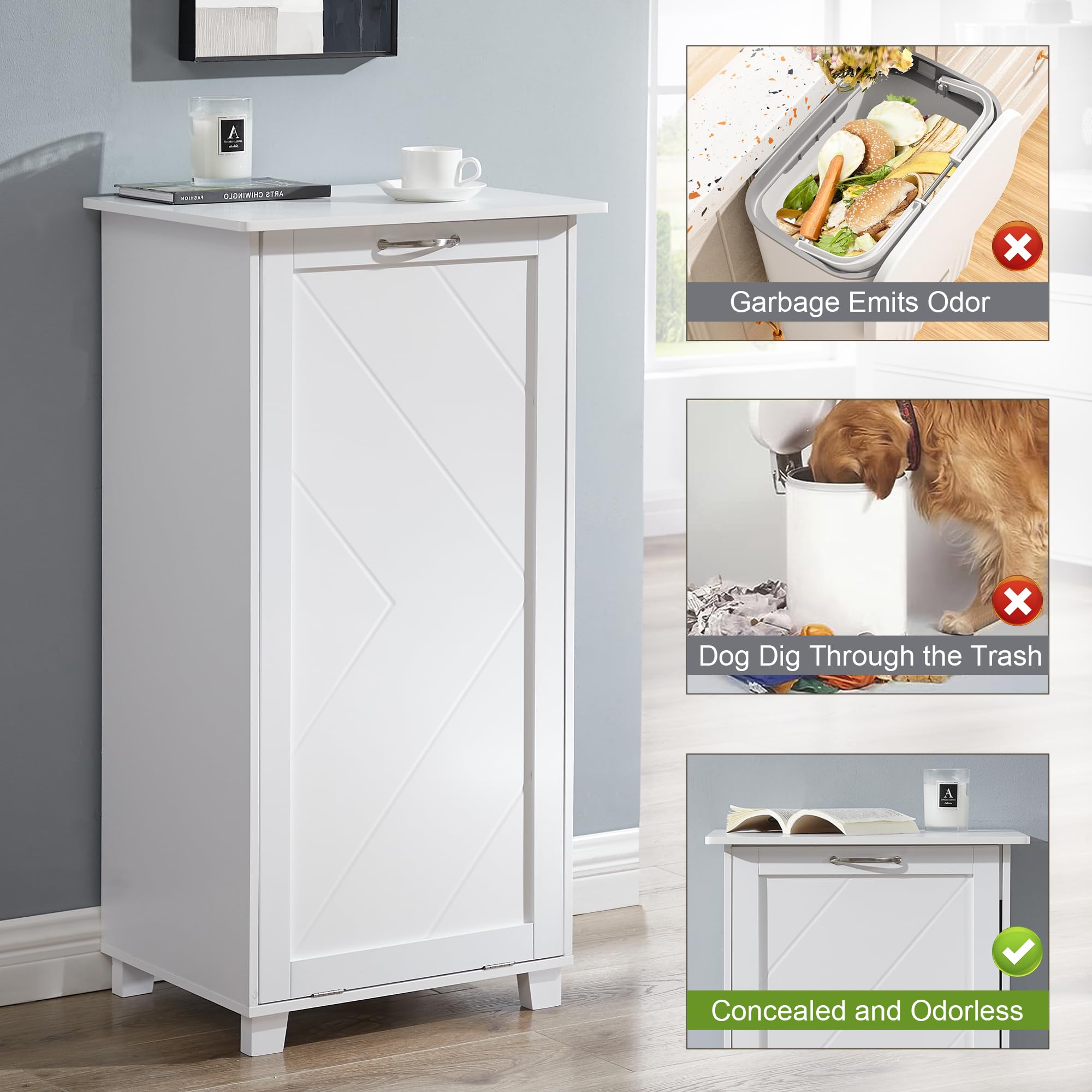 VECELO Tilt Out Kitchen Trash Bin Cabinet - Dog Proof Garbage Can with Wood Holder, Free Standing Recycling Bin in White - Perfect for Kitchens, Pantries & Pet-Friendly Homes