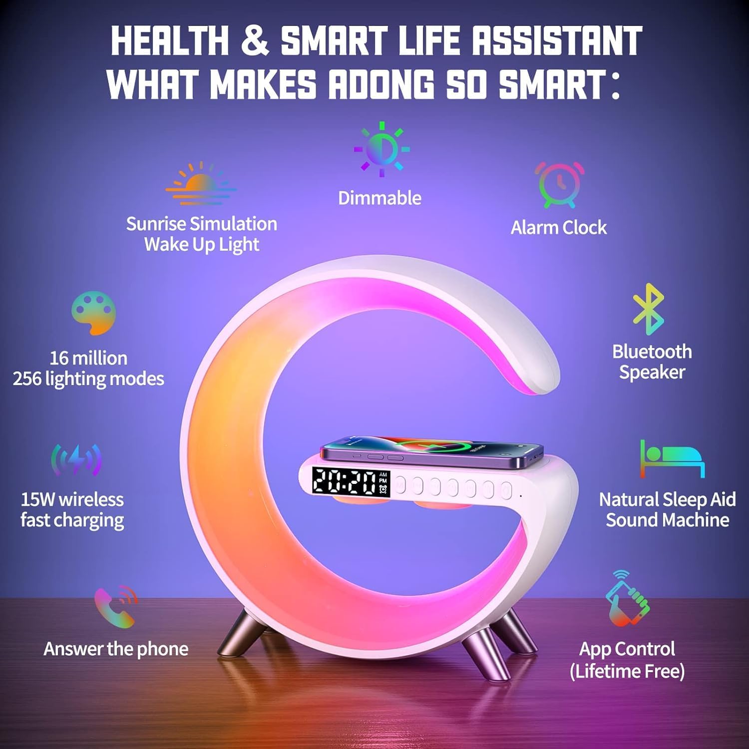 Smart LED Table Lamp with Wireless Charger, Night Light, Alarm Clock & Bluetooth Speaker - 4-in-1 Multifunctional Bedside Lamp with App Control for Bedroom, Office & Home Decor (White) - Perfect for Night Reading, Phone Charging & Relaxing Music