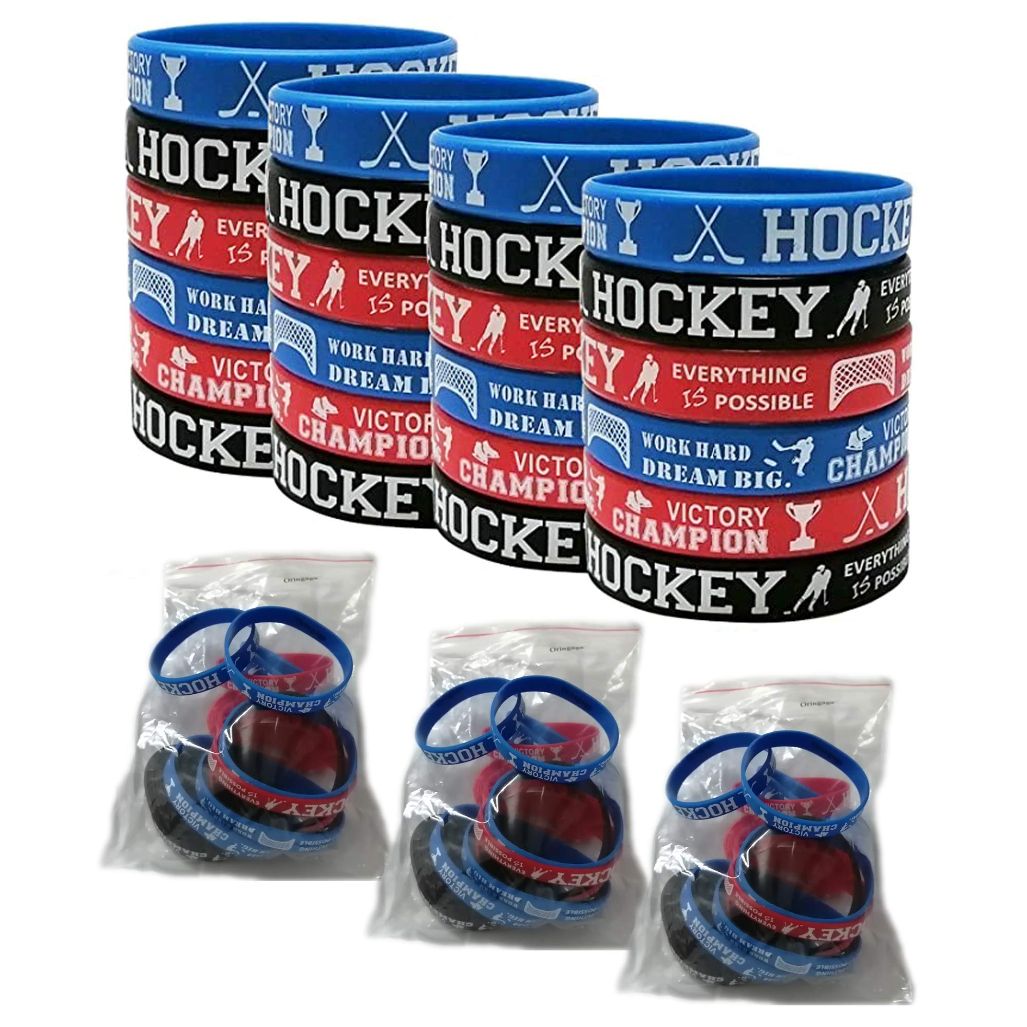Oringaga 24PCS Motivational Hockey Rubber Bracelets - Sports Team Party Favors, Baby Shower & Birthday Decorations - Silicone Wristbands for Hockey Players, Fans & Goodie Bags - Perfect for Game Day, Fundraisers & Team Events