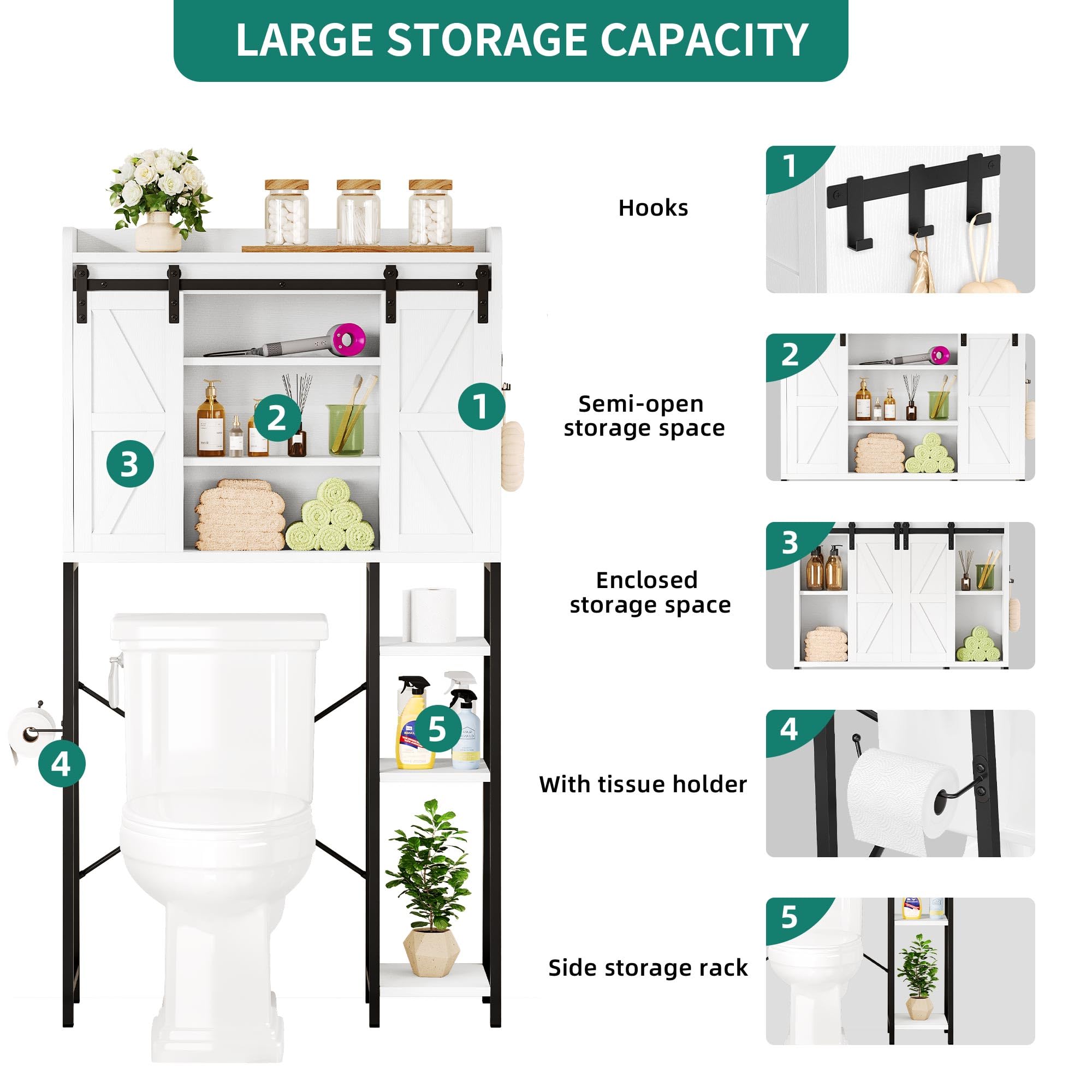YITAHOME White Over The Toilet Storage Cabinet with Shelves, Side Rack & Hooks - Space-Saving Bathroom Organizer for Toilet Paper, Towels & Laundry Supplies - Perfect for Small Bathrooms, Apartments & RV Living
