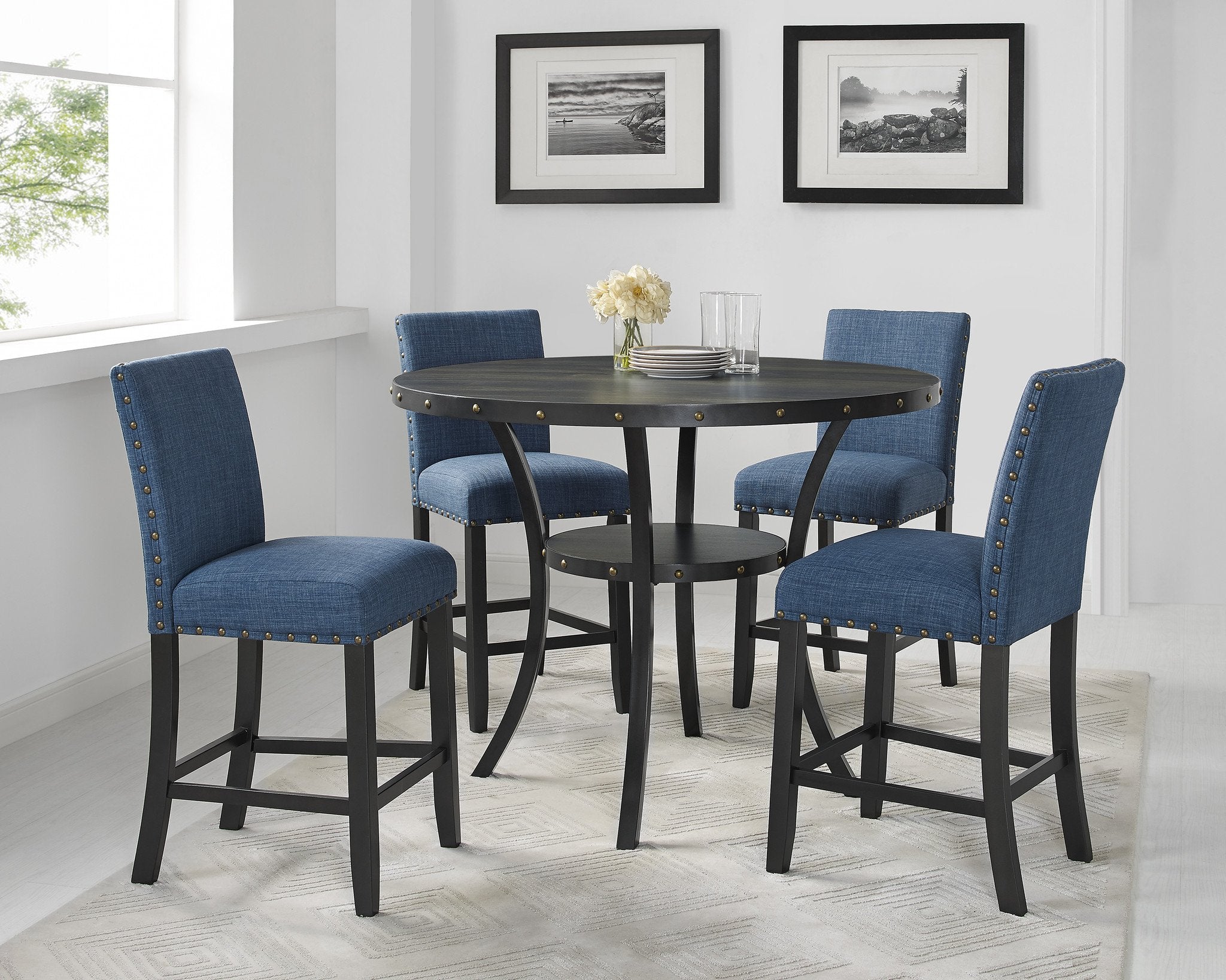 Roundhill Furniture Biony Espresso Wood Counter Height Dining Set with Fabric Nailhead Stools - Modern Kitchen Bar Table & Stools for Small Spaces, Breakfast Nooks & Apartment Dining