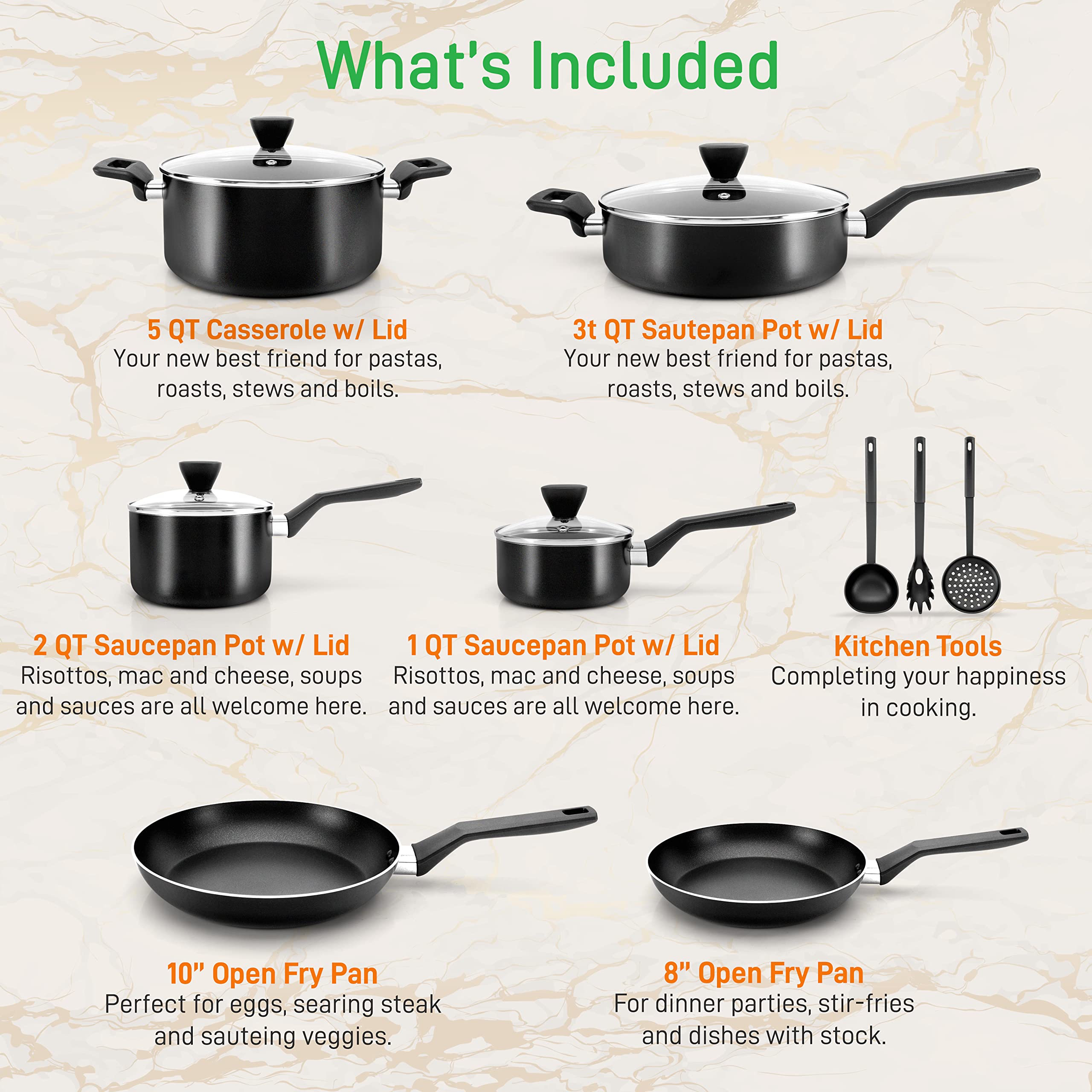 NutriChefKitchen 13-Piece Nonstick Cookware Set - PTFE/PFOA/PFOS Free, Heat Resistant Pots & Pans with Saucepan, Frying Pans, Casserole, Lids & Kitchen Utensils - Perfect for Sauteing, Boiling & Everyday Cooking - NCCWA13.5