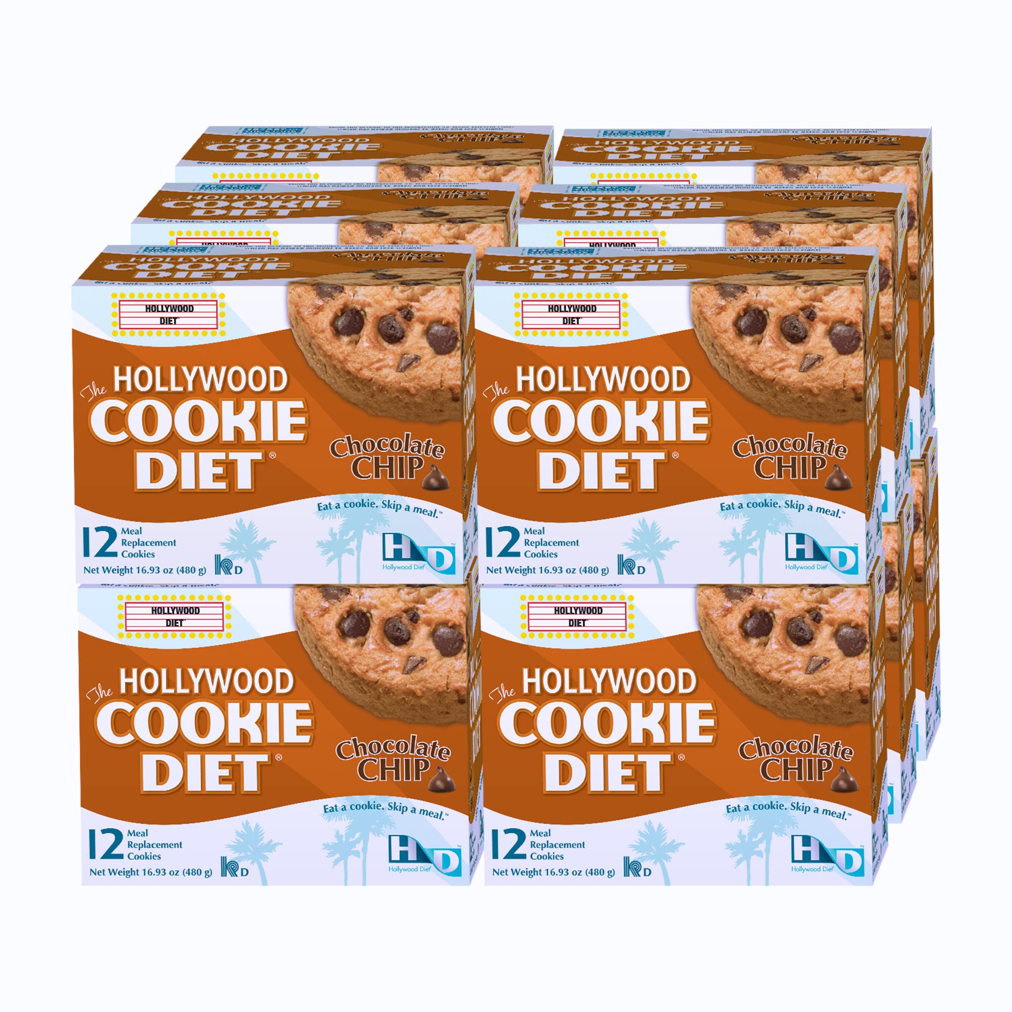 Hollywood Diet Chocolate Chip Cookies - Low Calorie, High Protein, Fiber Rich Meal Replacement Snacks for Weight Loss - 12 Cookies per Box (12 Boxes) - Perfect for On-the-Go Breakfast, Office Snacks & Healthy Dessert Cravings