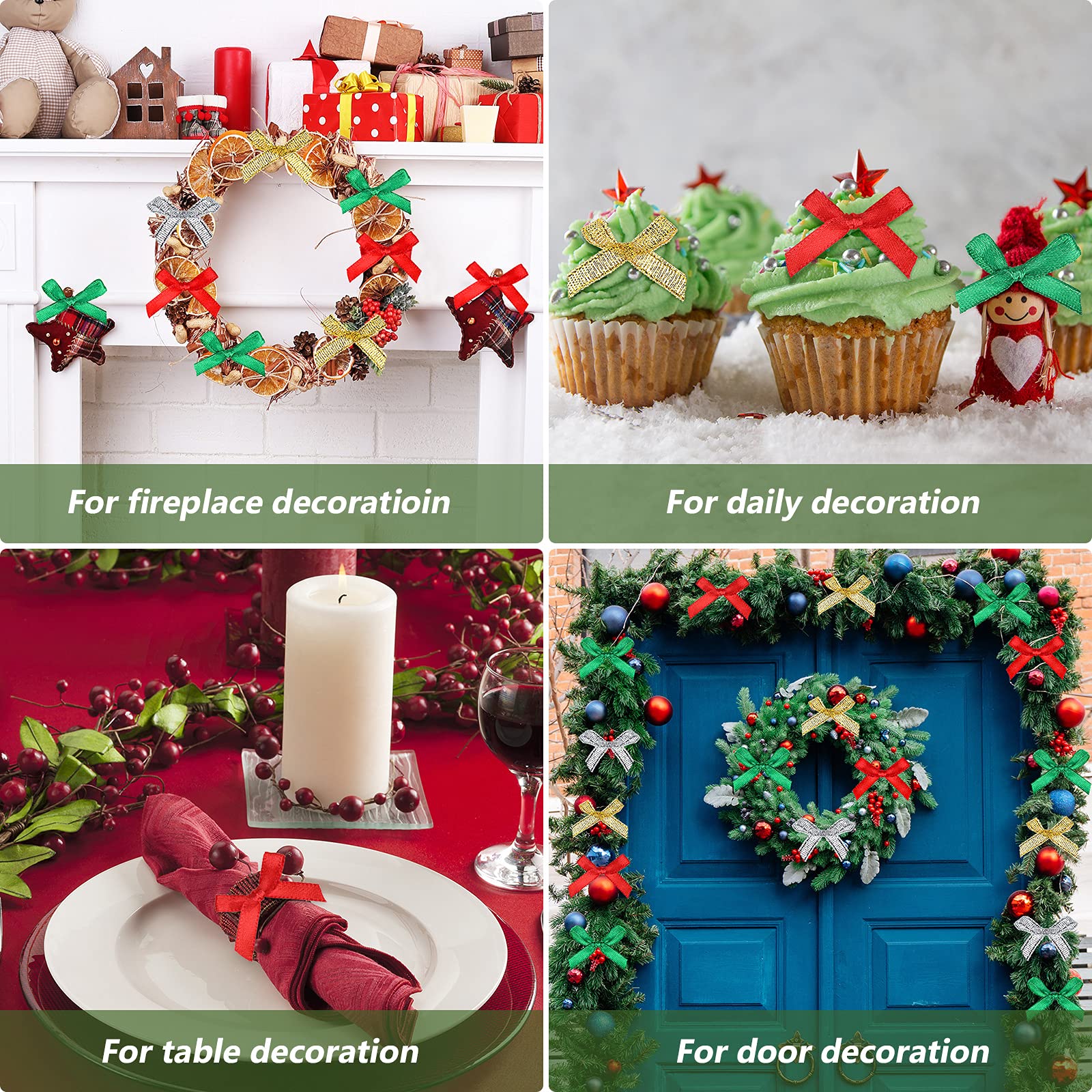 Christmas Mini Satin Bows - 200pcs for DIY Crafts & Wreaths (Red/Green/Silver) - Perfect for Holiday Decorations