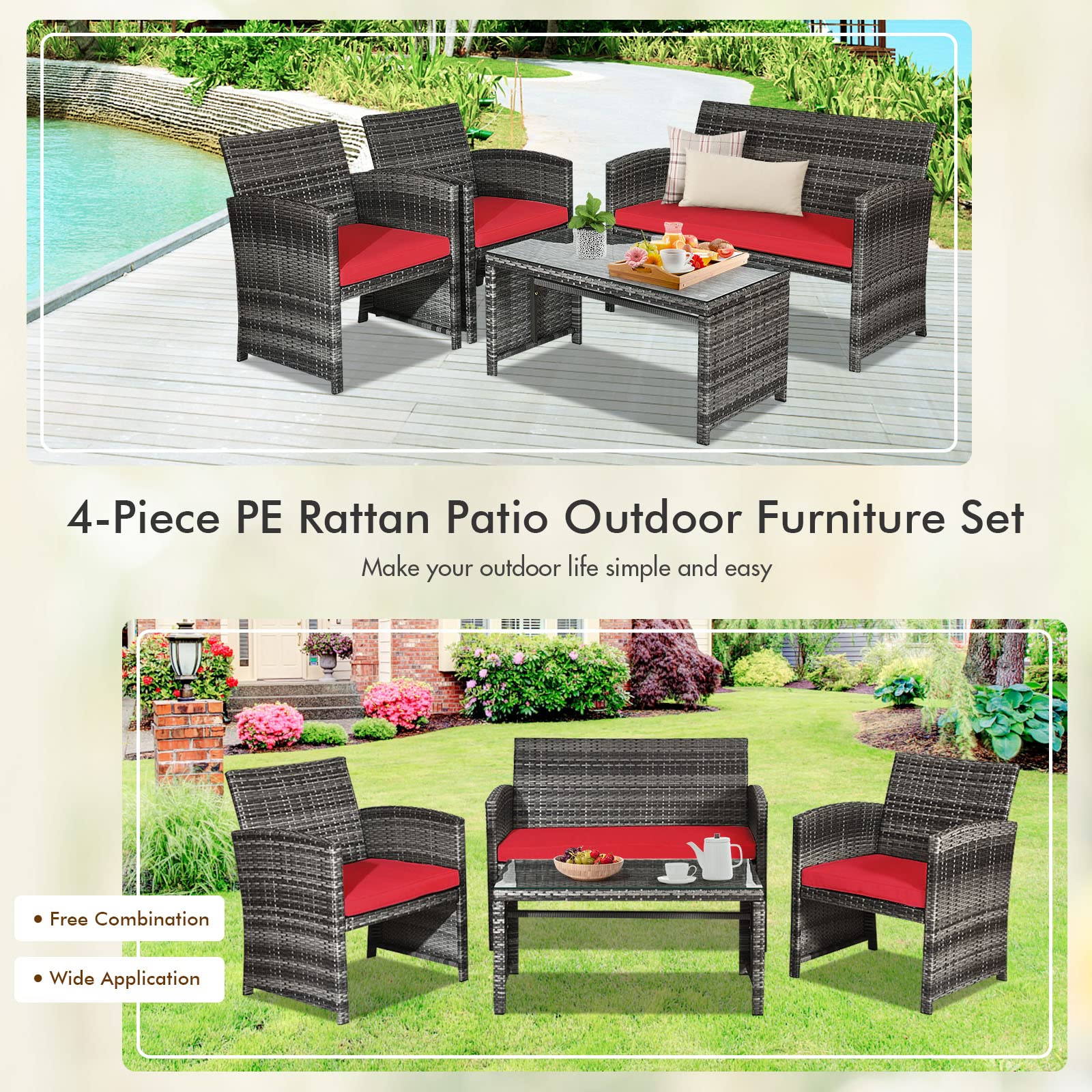 Goplus 4-Piece Rattan Patio Furniture Set - Outdoor Wicker Conversation Sofa with Weather-Resistant Cushions & Tempered Glass Tabletop - Perfect for Lawn, Backyard, Poolside, Garden, or Patio (Red)