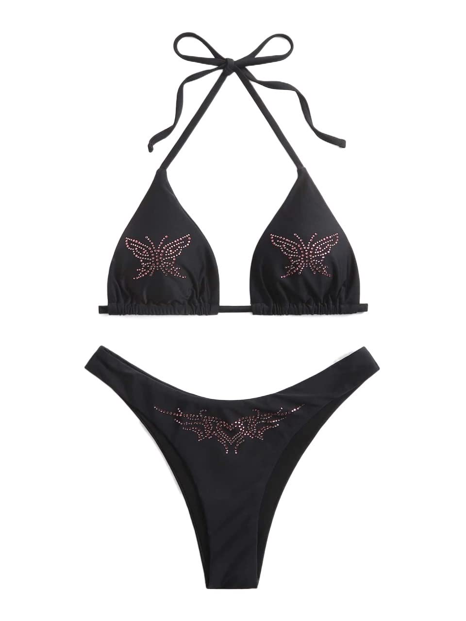 Women's Butterfly Rhinestone Halter Bikini Swimsuit - Sexy Black Large Size for Beach, Pool Party & Summer Vacation