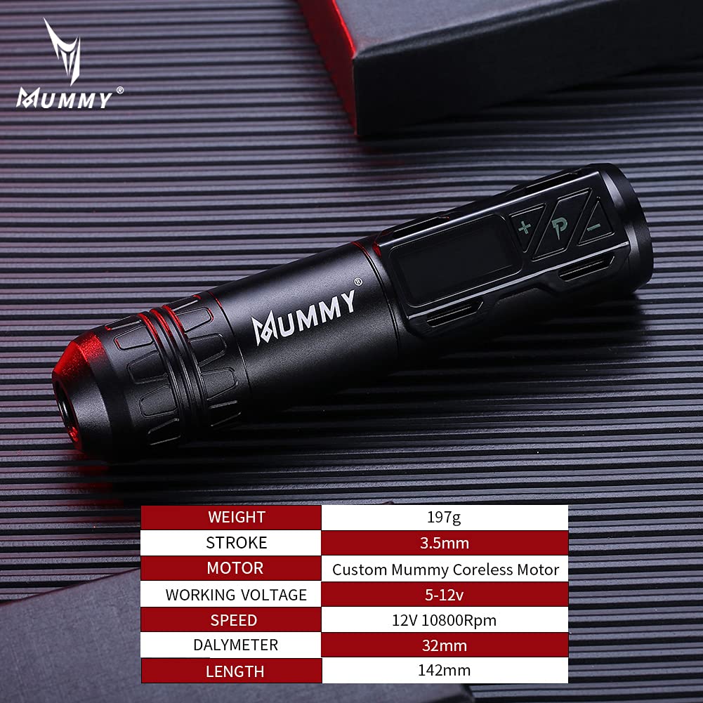 Professional Mummy Tattoo Rotary Pen Machine - 1800mAh Battery, Coreless Motor, LED Display - Cartridge Tattoo Equipment for Artists (Black) | Perfect for Tattoo Shops, Home Studios & Professional Tattoo Artists