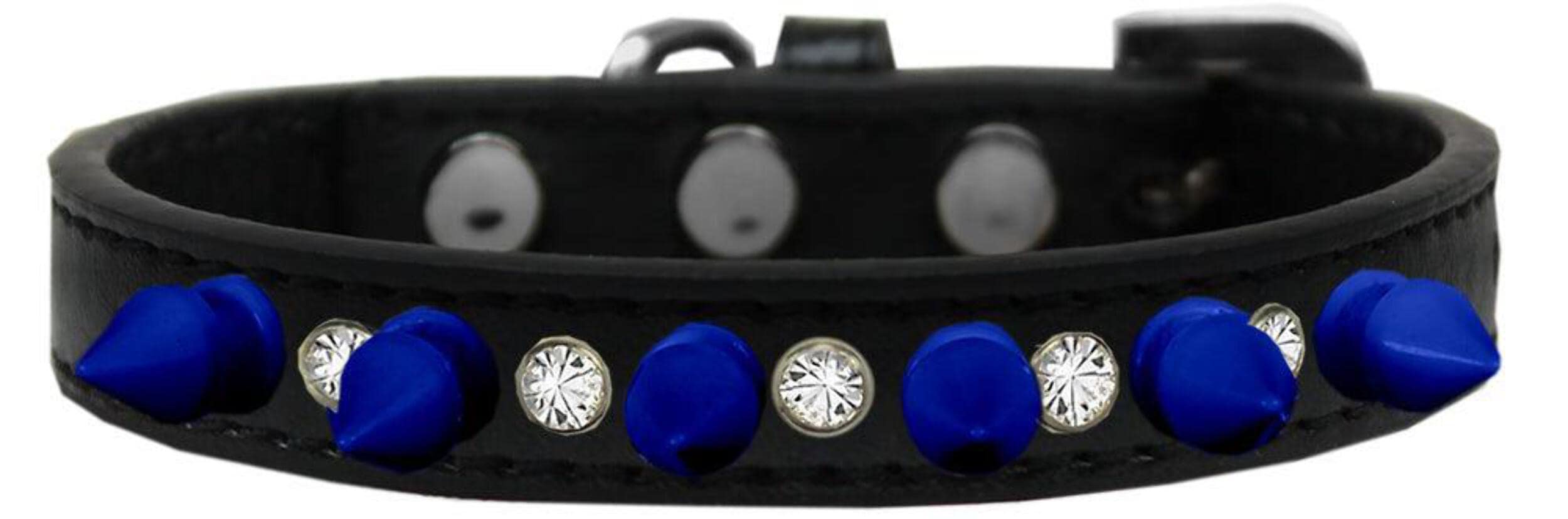 Black Dog Spike Collar with Clear Crystals & Blue Spikes for Pet Safety & Style