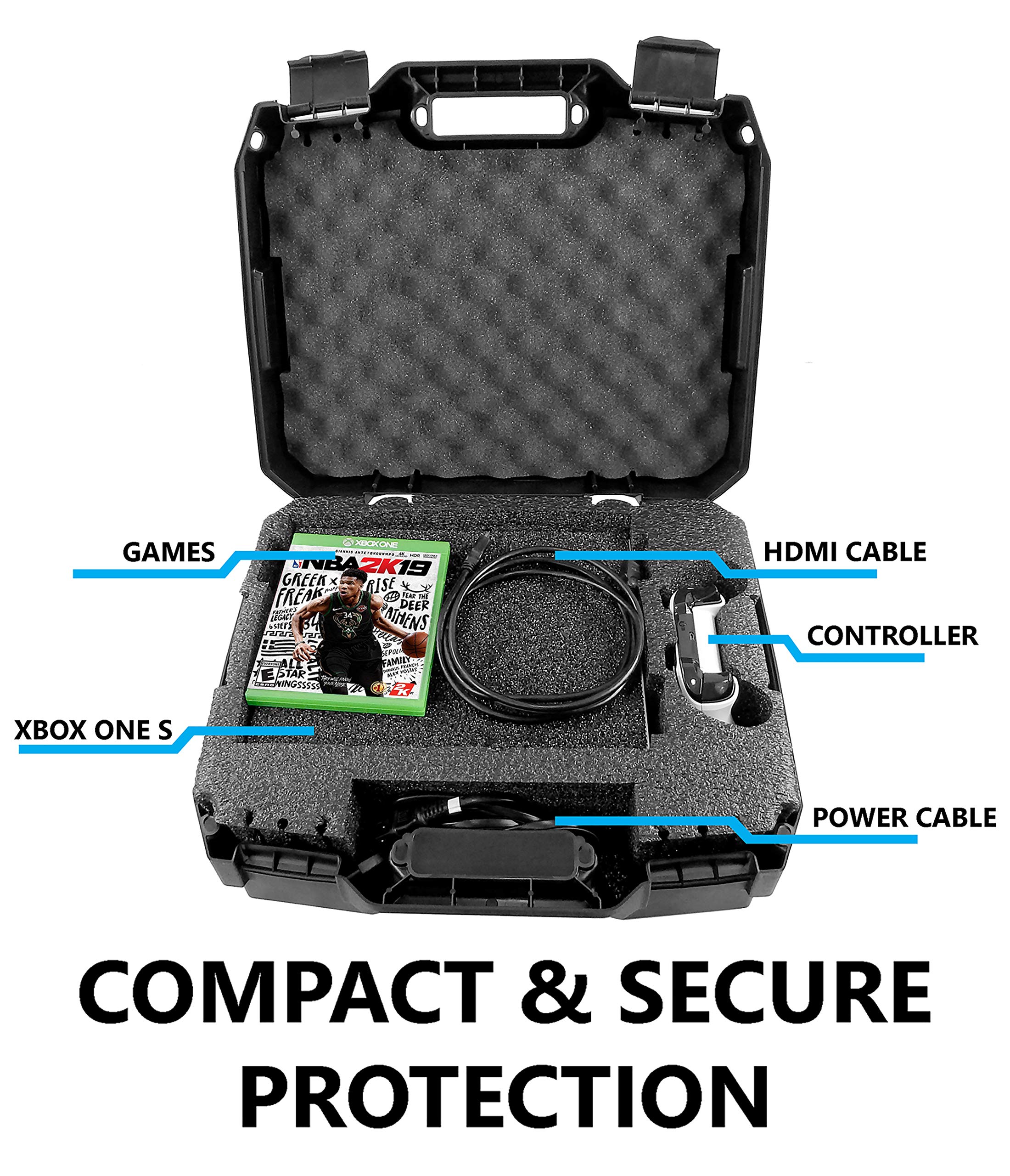 CASEMATIX Hard Shell Travel Case for Xbox One S - Protective Foam Storage for Console, Controller, Power Adapter & Games - Durable Carrying Case for Travel, Gaming Parties & Secure Storage