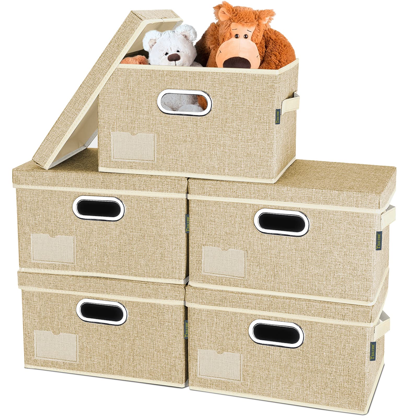 BALEINE Foldable Storage Bins with Lids - 5 Pack Extra Large Beige Linen Fabric Collapsible Organizer Boxes for Closet, Bedroom, Office & Home Organization | Space Saving Storage Solution for Seasonal Clothes, Toys, Blankets & Household Items