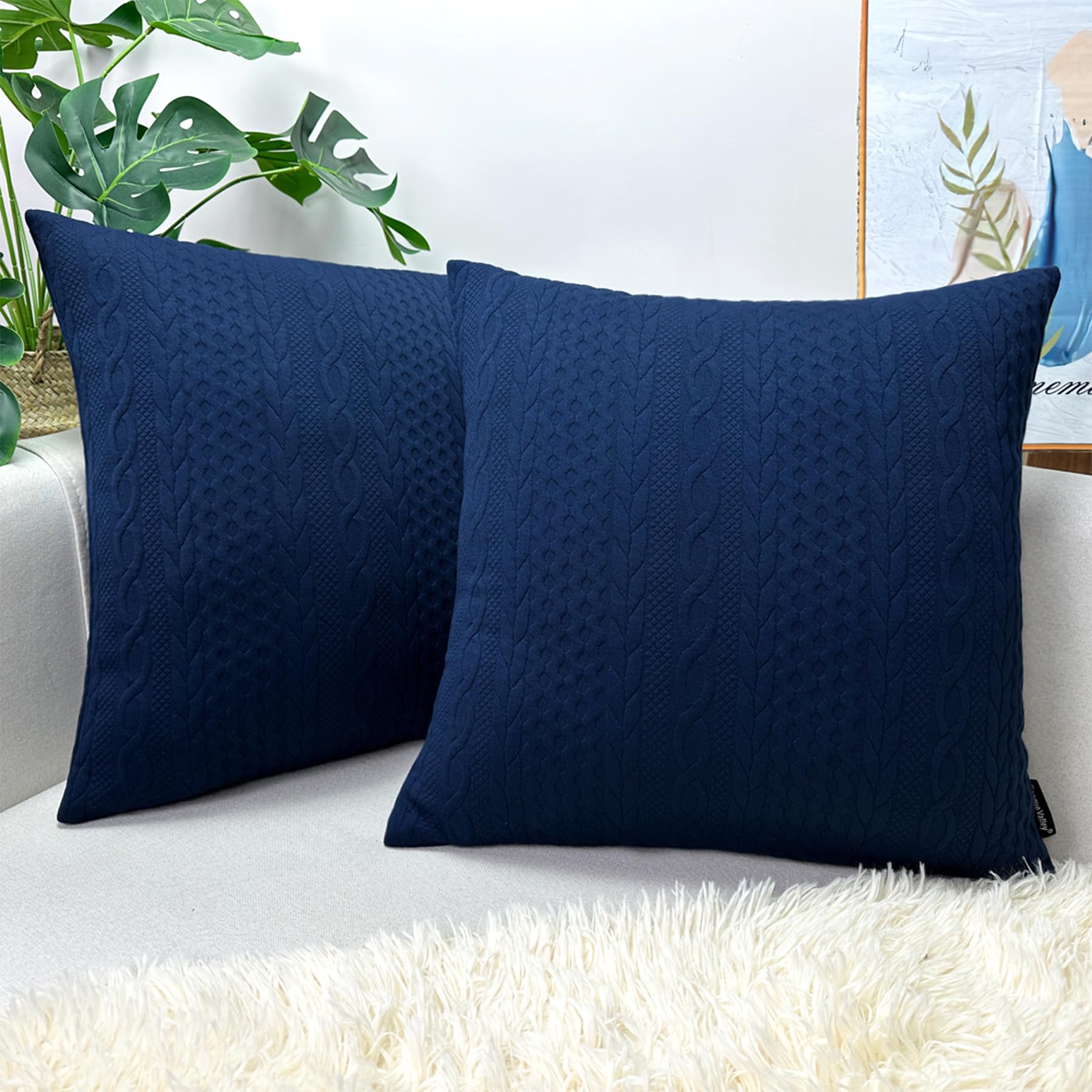 Booque Valley 22x22 Inch Throw Pillow Covers - Pack of 2 Super Soft 3D Embossed Decorative Cushion Covers for Sofa, Bed & Floor - Navy Blue Modern Home Decor - Perfect for Living Room, Bedroom & Dorm