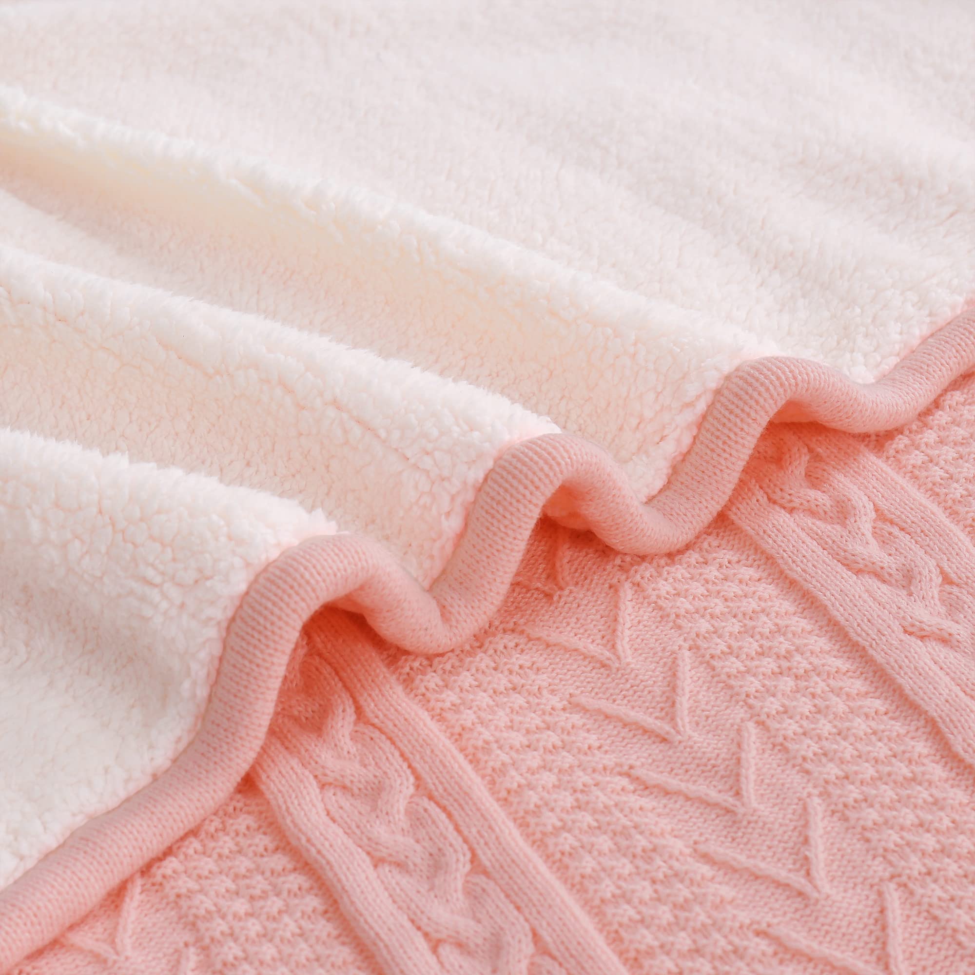 Longhui Pink Acrylic Cable Knit Sherpa Throw Blanket - Ultra Soft & Cozy Fleece Blanket for Couch, Sofa, Bed - 50