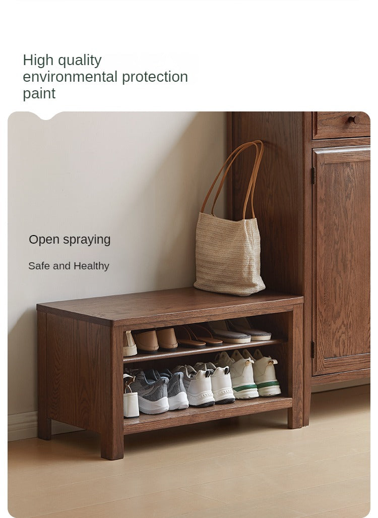 Solid Oak Wood Shoe Bench for Entryway - Durable Shoe Storage Stool for Hallway, Living Room & Bedroom Organization