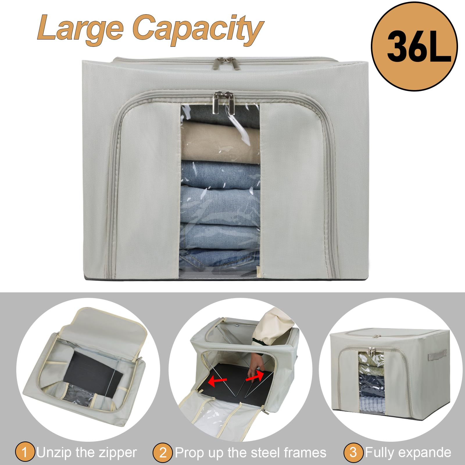 36L Stackable Clothes Storage Bins with Metal Frame - 3-Pack Foldable Oxford Fabric Organizer Boxes with Lids for Closet, Bedroom & Dorm Organization - Perfect for Sheets, Blankets, Seasonal Clothing & Toys Storage