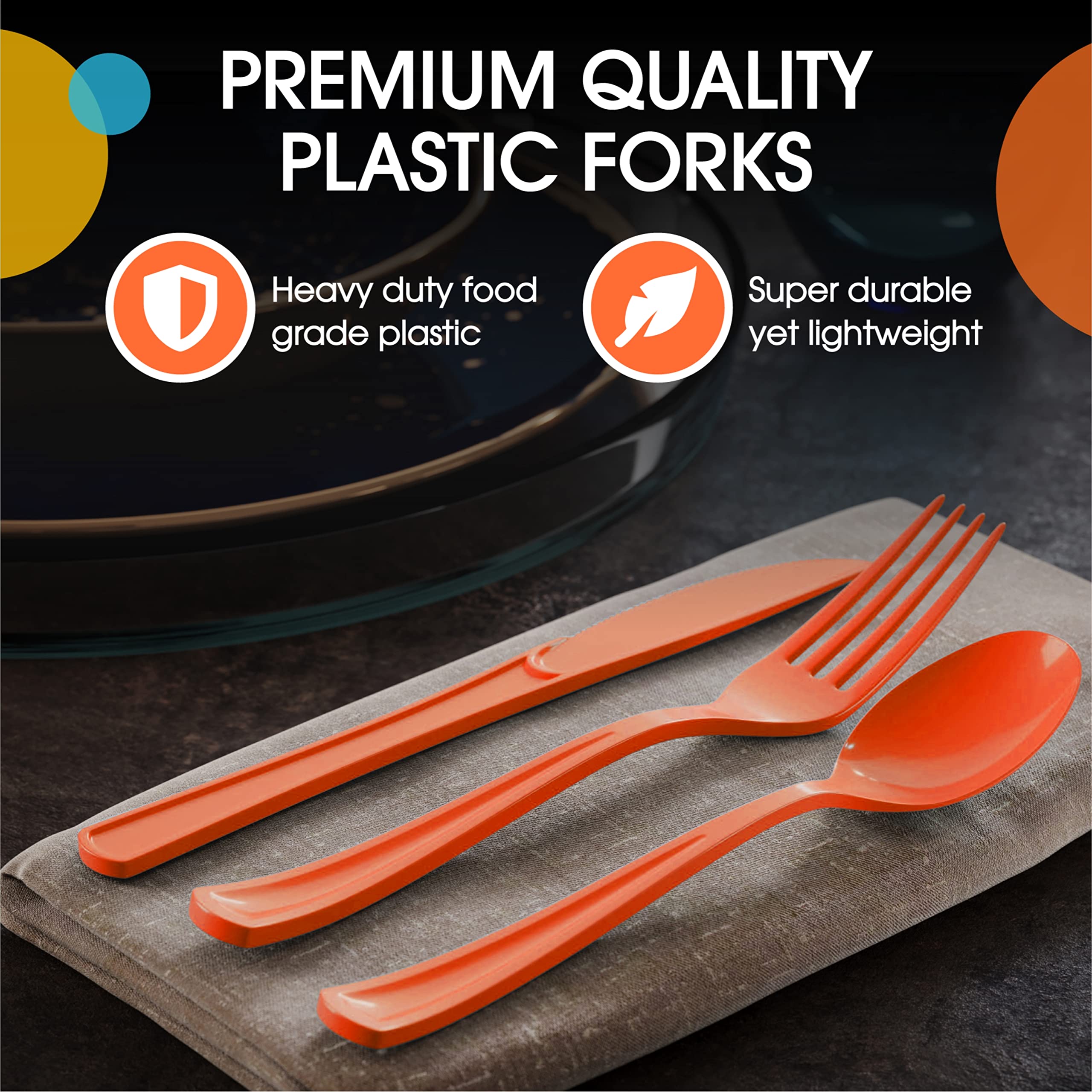 100-Pack Heavy Duty Orange Plastic Forks - Disposable Cutlery Set for Parties, Picnics, BBQs & Outdoor Events - Durable Flatware for Catering, Events & Home Use