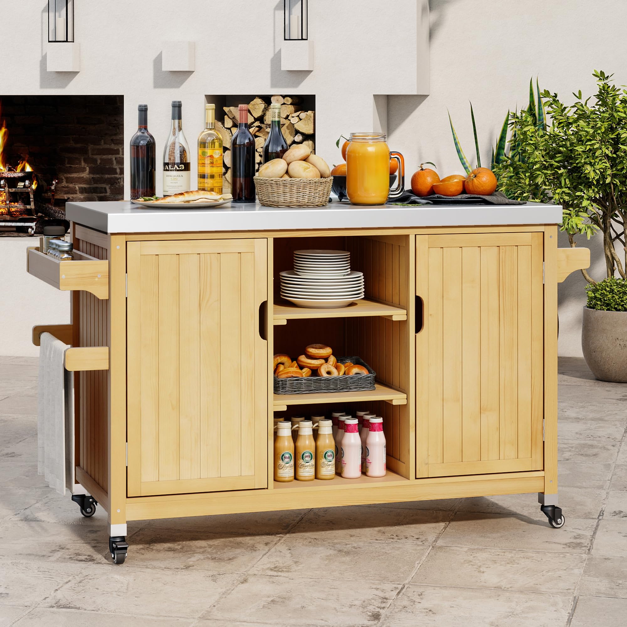 YITAHOME Solid Wood Patio Bar Table - XL Outdoor Storage Cabinet with Spice Rack & Side Handle - Large Space Portable Kitchen Island for Patio, Garden, Porch, Balcony - Perfect for Outdoor Entertaining & Small Space Storage