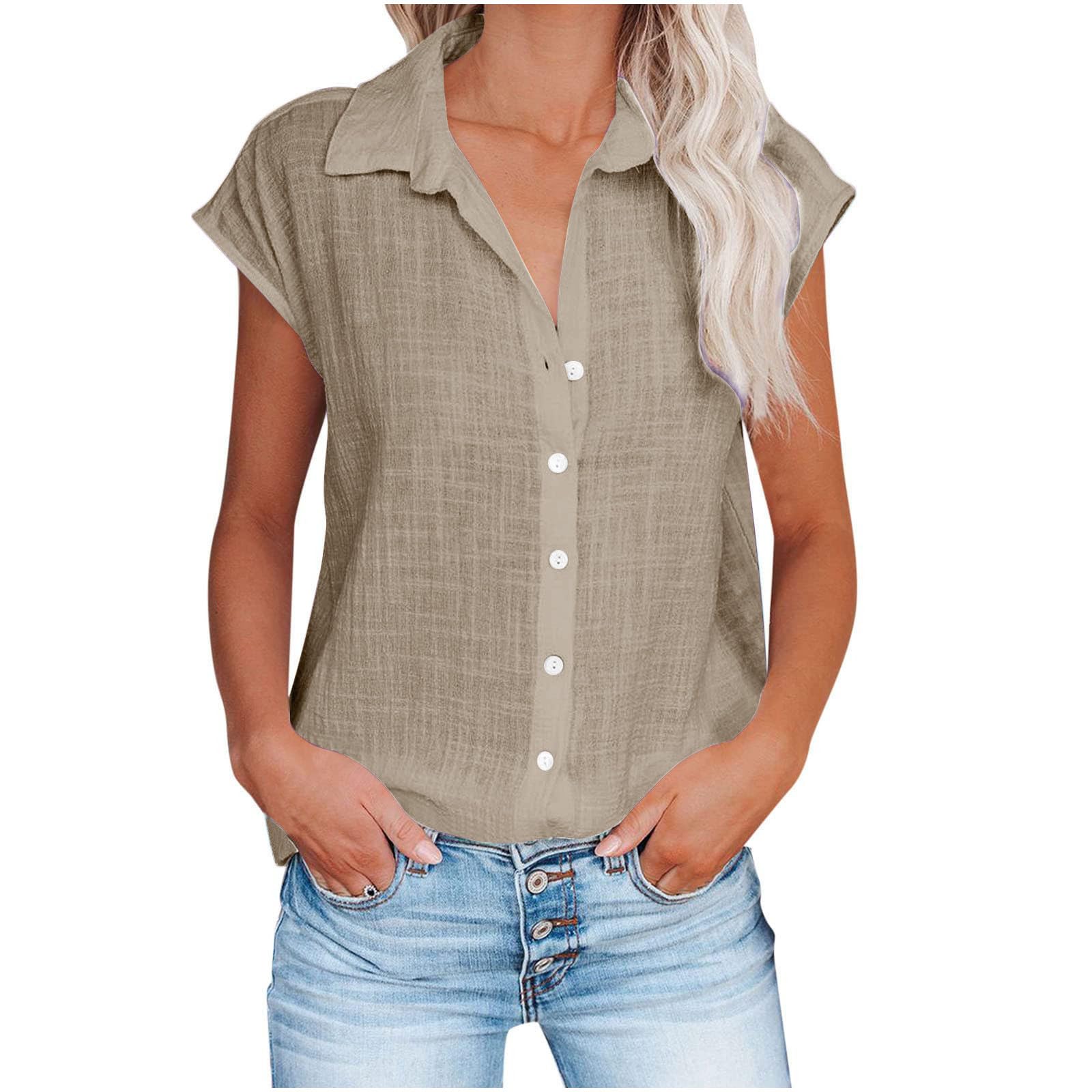 Women's Casual Cotton Linen Short Sleeve Blouses - Trendy 2024 Summer Tops, Loose Fit T-Shirts & Dressy Shirts for Work, Weekend & Vacation