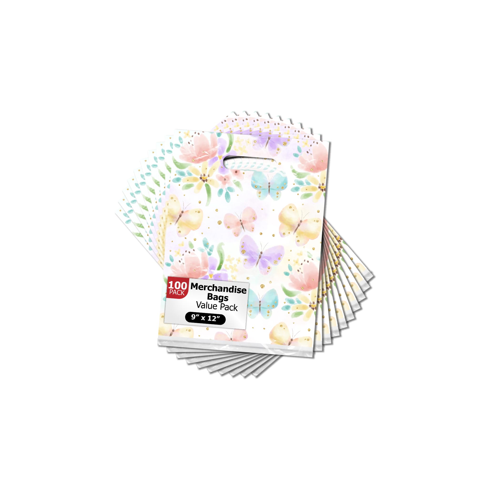 9x12 Inch 100-Pack Floral Butterfly Printed Boutique Shopping Bags with Die-Cut Handles - Premium Retail Merchandise Bags for Small Business Owners | Perfect for Gift Wrapping, Wedding Favors & Boutique Packaging