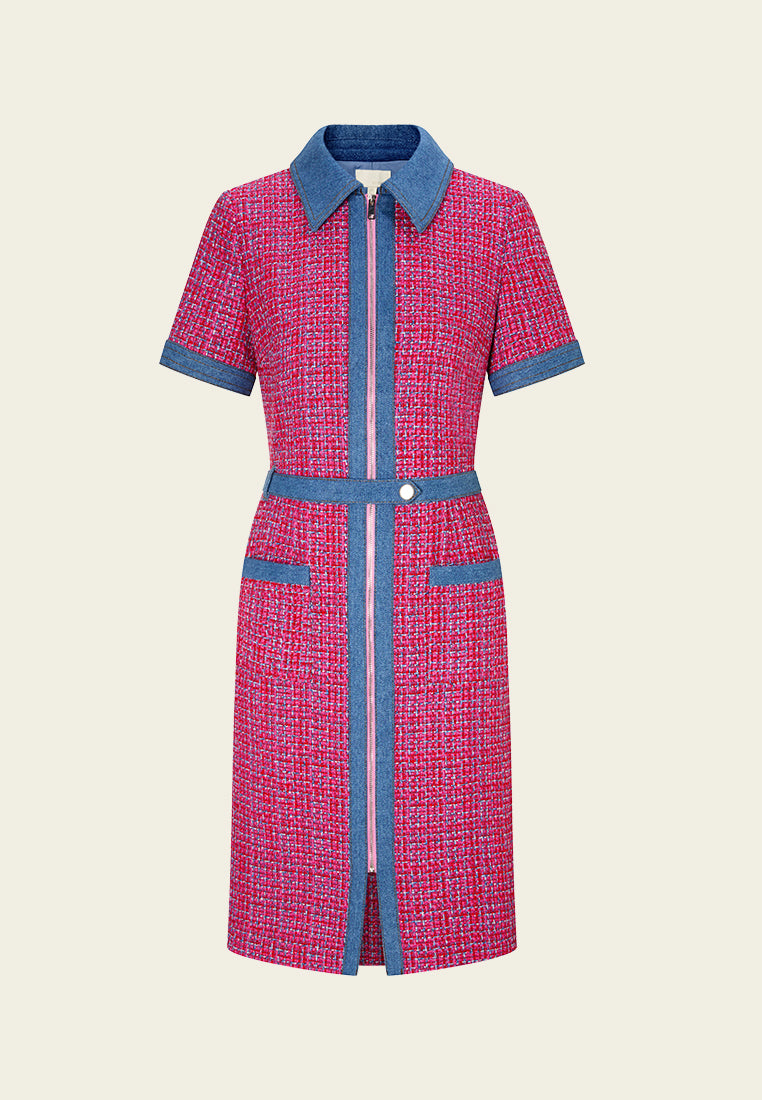 Stylish Fuchsia Checked Mix Tweed Dress with Denim Trim - Perfect for Casual Outings, Office Wear & Special Occasions