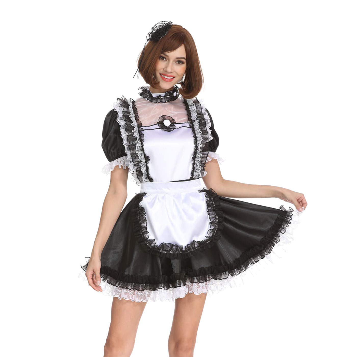 Elegant Black and White Satin Maid Dress with Ruffled Sleeves - Perfect for Cosplay, Halloween Costumes, and Crossdressing Parties