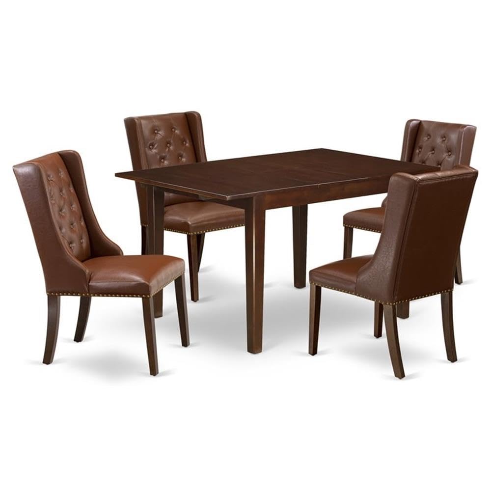 East West Furniture 5-Piece Dining Room Set - 36x54 Inch Mahogany Table with Butterfly Leaf & 4 Brown Faux Leather Chairs | Kitchen & Dining Room Furniture for Family Gatherings & Entertaining
