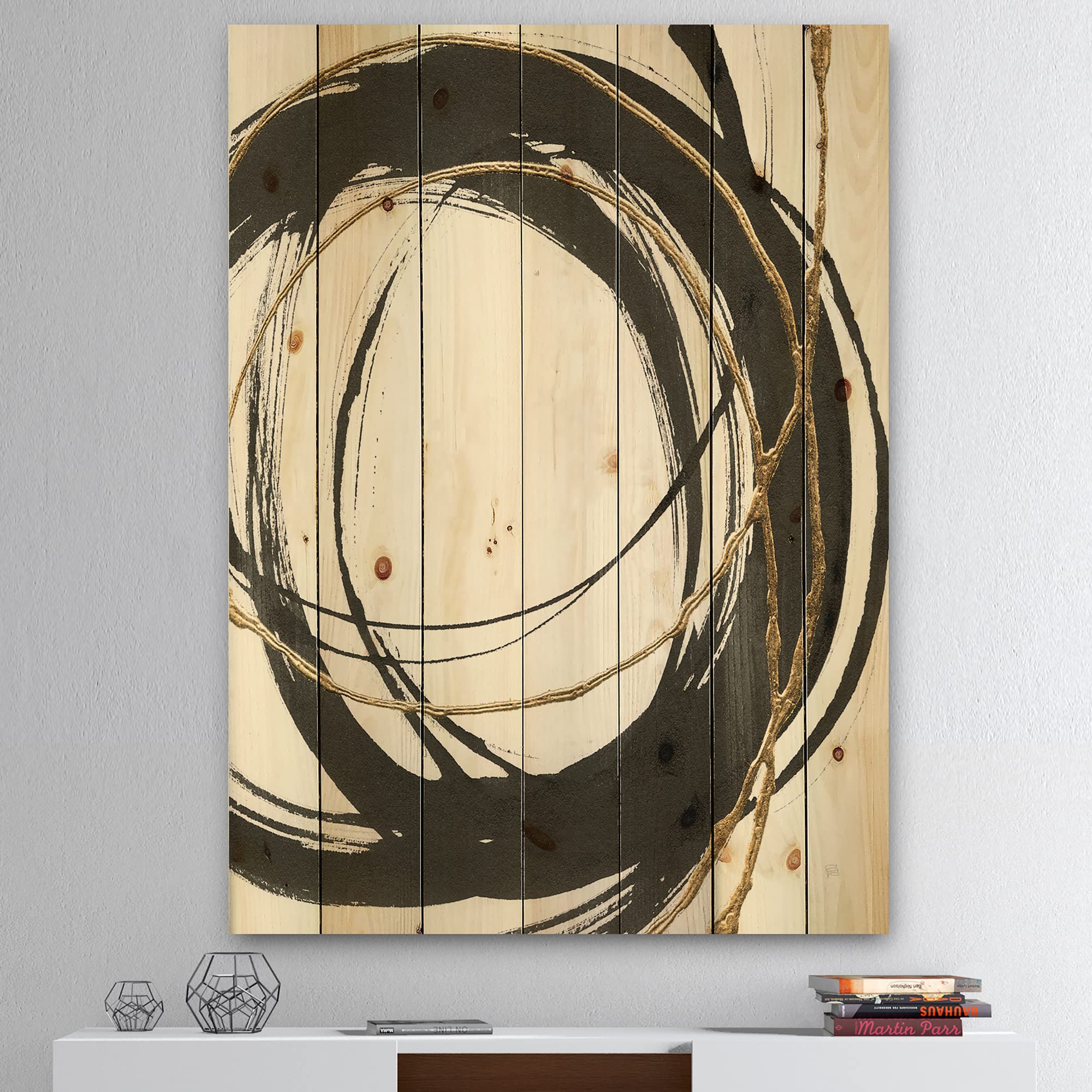 DesignQ Gold Glamour Circle III Modern Wood Wall Art - Large Abstract Wall Decor Panel Printed on Natural Pine - Perfect for Living Room, Bedroom & Office Decor