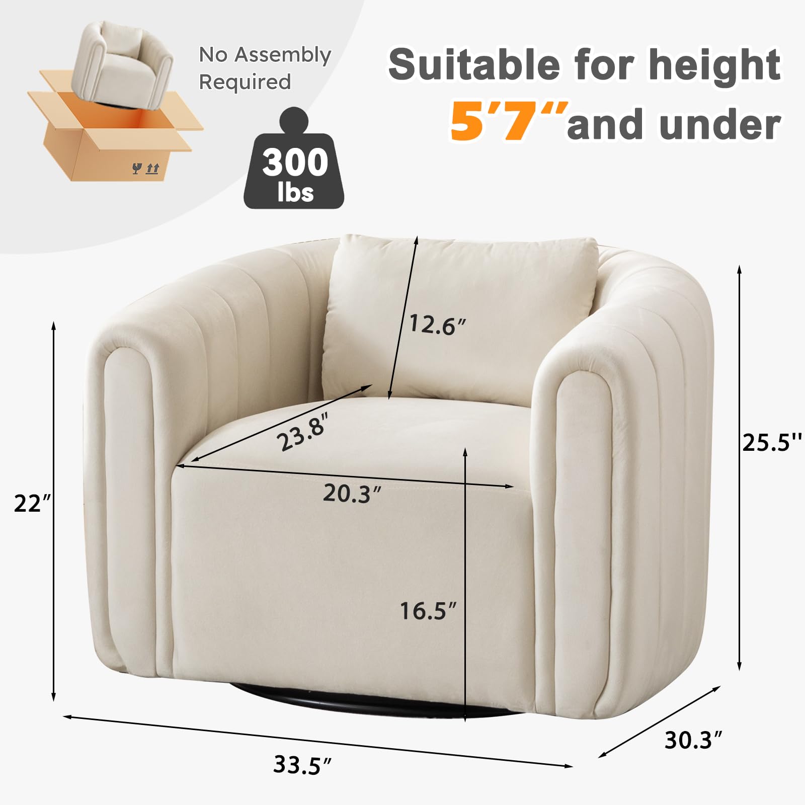 ANJ Swivel Accent Chair - Velvet Barrel Chair for Living Room, Modern Comfy Armchair with 360° Rotation, Fully Assembled (Beige) | Perfect for Small Spaces, Reading Nook & Cozy Home Office