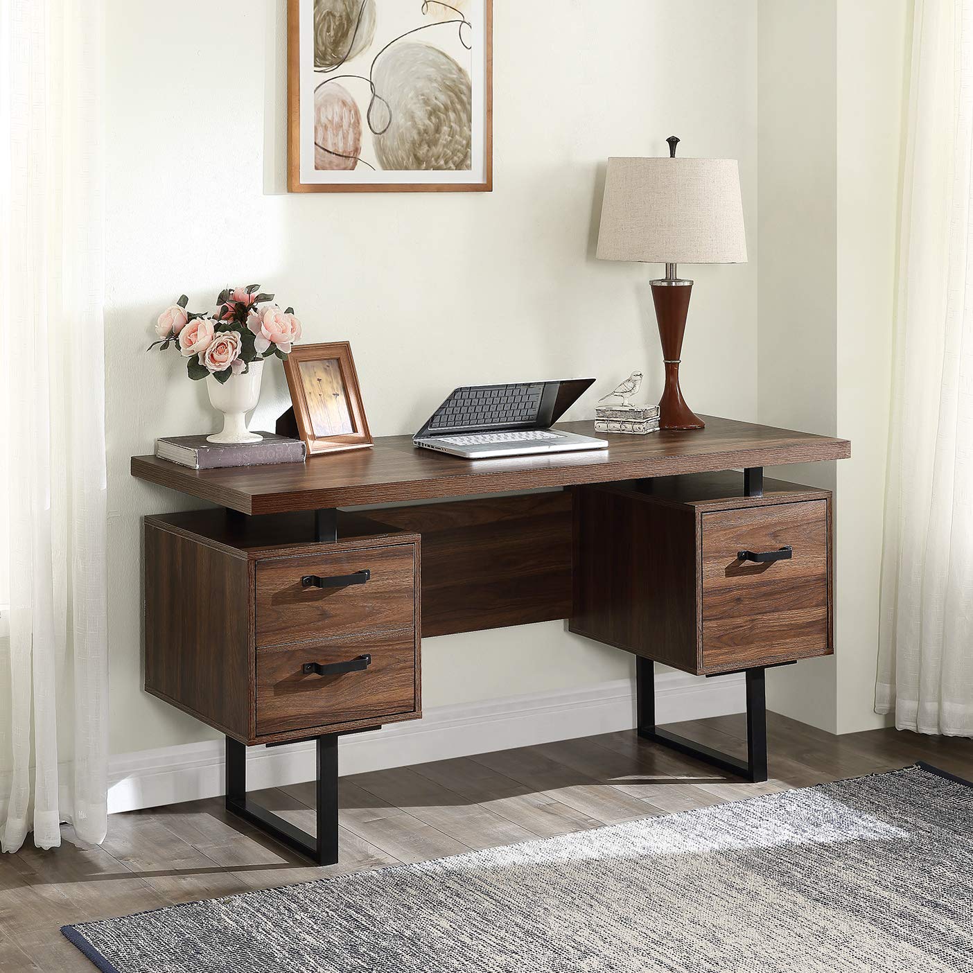 Modern Home Office Desk with Drawers - Ergonomic Writing Study Table for Small Spaces, Work from Home & Remote Learning - Stylish Wooden Computer Desk for Bedroom, Apartment or Dorm Room
