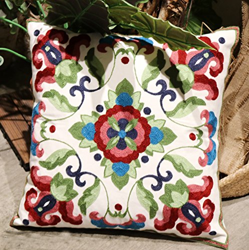 Bohemian Cotton Pillow Sham - Exotic Indian Style Embroidered Throw Pillow Cover 18x18 Inches for Sofa, Bed & Home Decor | Soft Cotton Cushion Case with 3D Embroidery | Perfect for Living Room, Bedroom & Boho Chic Decor