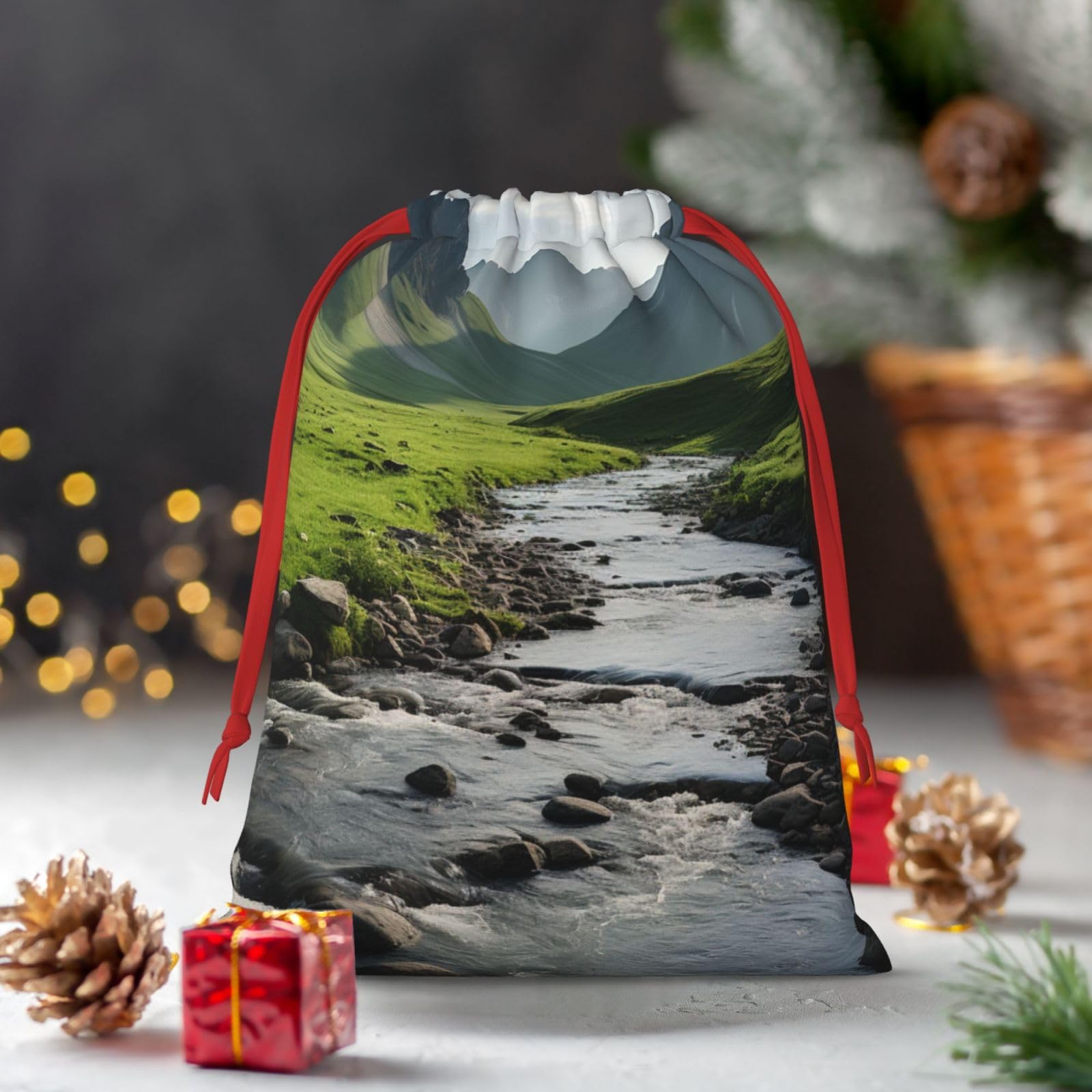 Eco-Friendly Reusable Drawstring Gift Bags with Mountain Valley Rainbow Print - Perfect for Christmas, Birthday, Holidays & Special Occasions - Great for Party Favors, Wedding Gifts & Corporate Events