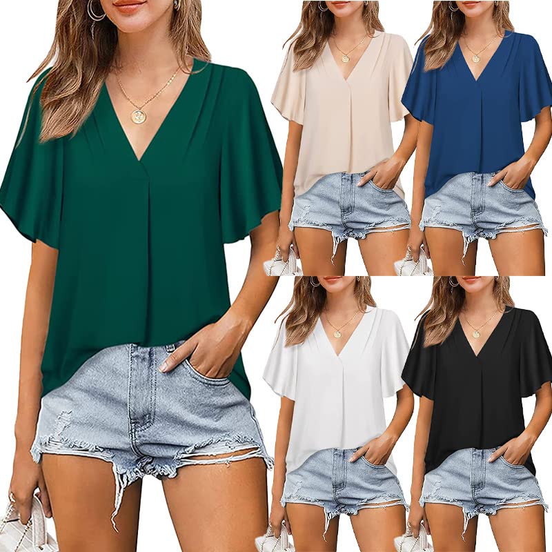 Elegant Women's V-Neck Chiffon Blouse with Ruffle Sleeves - Dressy Casual Tops for Work & Evening Outfits | Flowy Shirt for Office, Date Night & Special Occasions