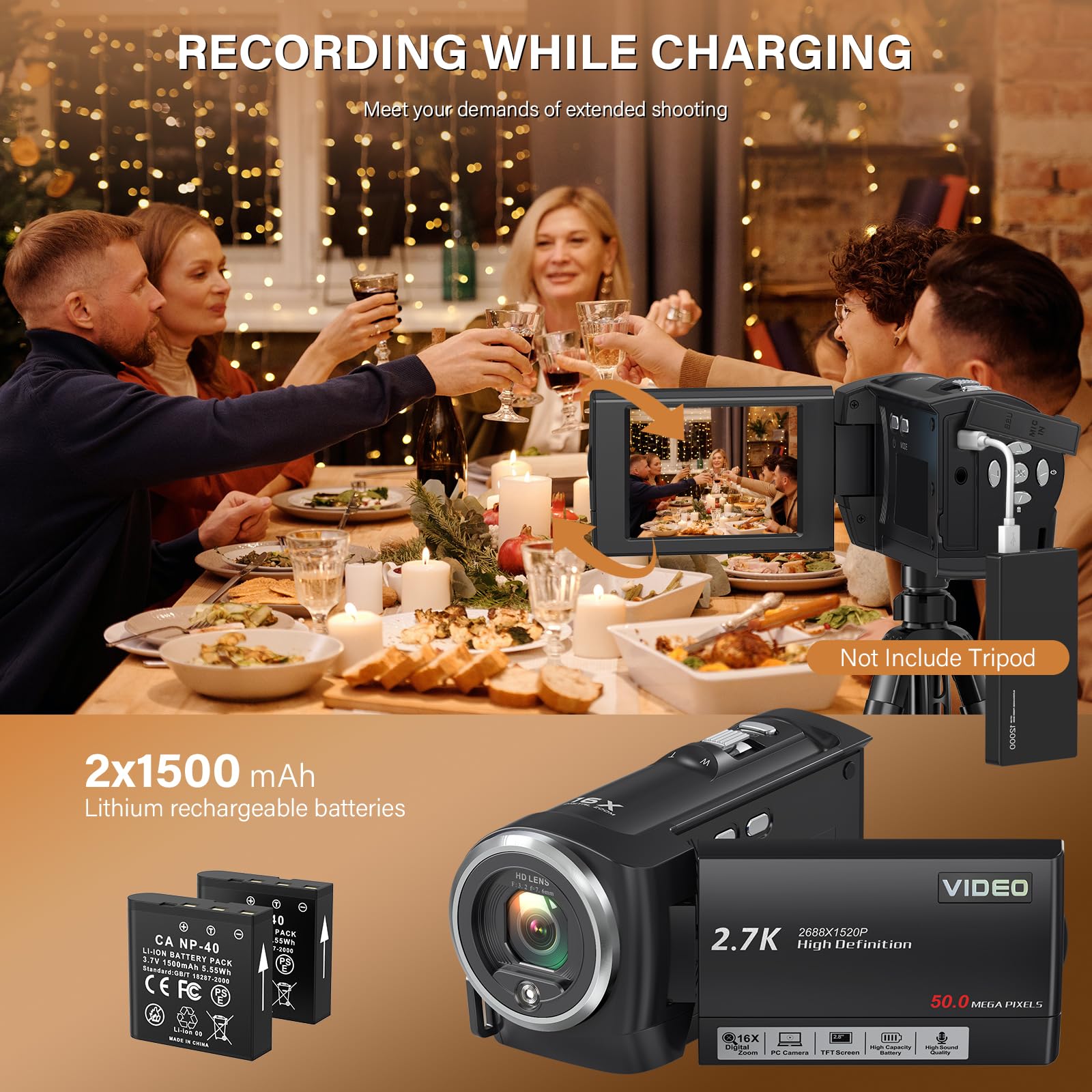 QHD 2.7K 50MP Digital Camcorder with 16X Zoom - 2.8