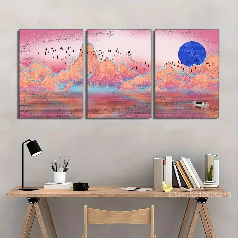 3-Piece Solar Sailboat Metal Print Wall Art - Ready to Hang Landscape Art Deco Poster for Living Room, Bedroom & Office Decor