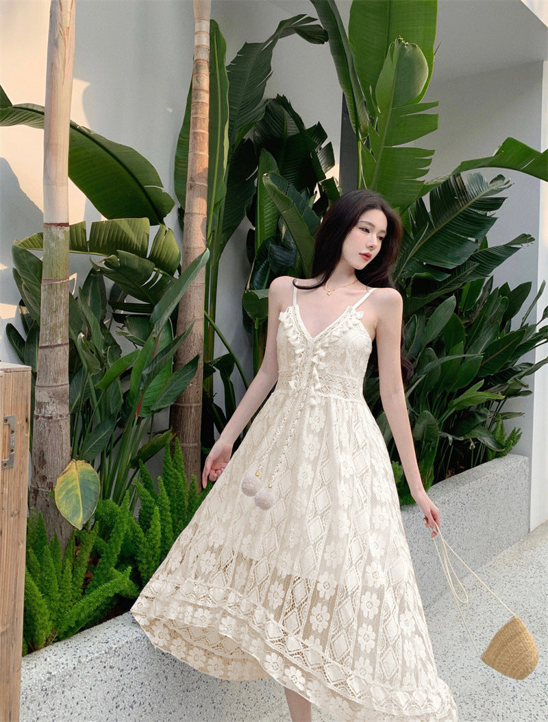 Bohemian Retro Lace Tassel V-Neck Summer Dress for Women - Flowy Boho Chic Maxi Dress for Beach, Vacation & Festival Outfits