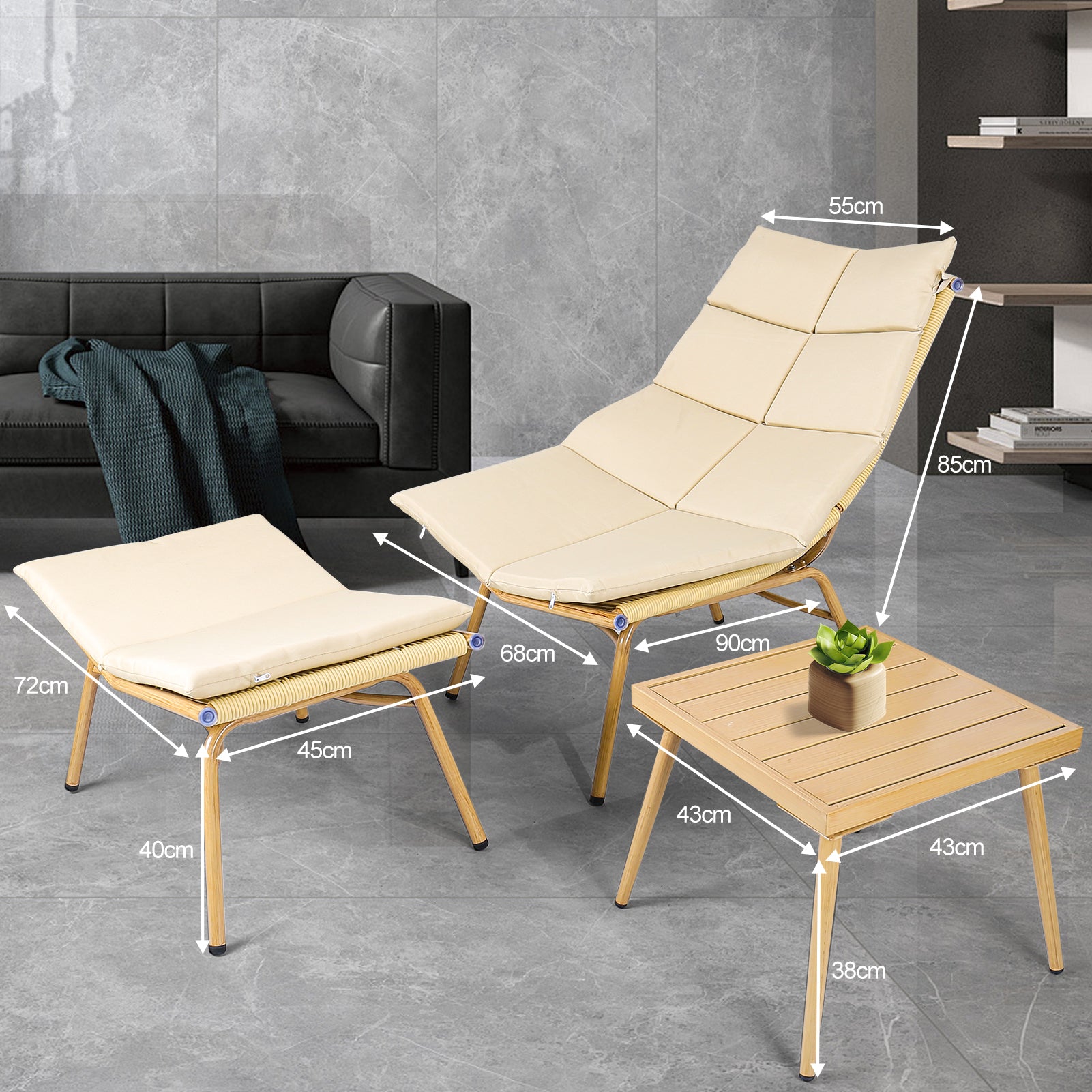 Wooden Chaise Lounge Chair with Side Table - Indoor & Outdoor Alloy Frame Recliner (380lbs Capacity) - Perfect for Camping, Gaming, Lunch Breaks, Garden Parties & Sunbathing