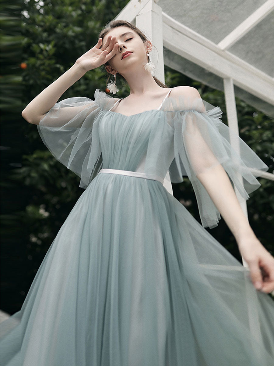 Elegant Green Tulle A-Line Long Prom Dress & Bridesmaid Gown - Perfect for Formal Dances, Weddings, and Special Occasions