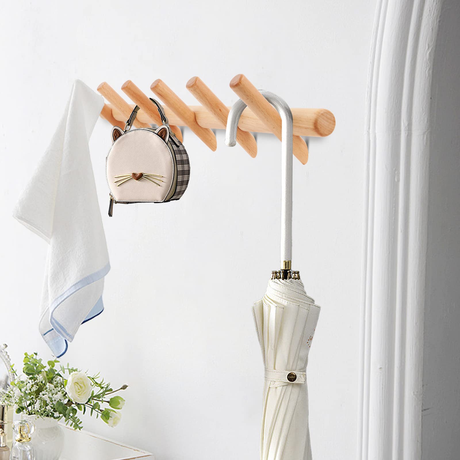 Modern Wood Coat and Hat Rack - Wall Mounted Entryway Organizer with 6 Peg Hooks - Stylish Natural Finish for Coats, Hats, Bags & Scarves - Perfect for Hallway, Bedroom or Office Organization