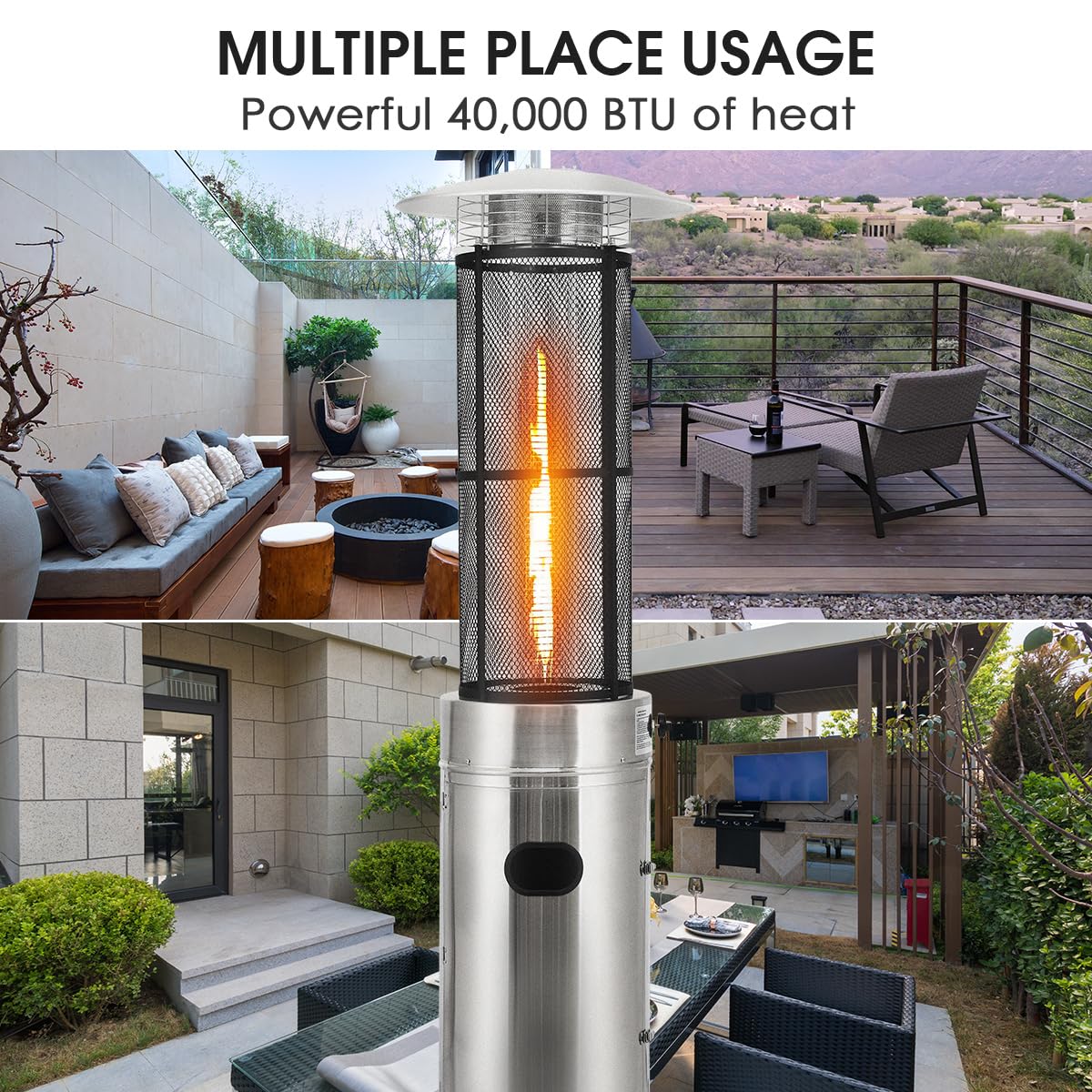 Giantex 48,000 BTU Stainless Steel Propane Patio Heater with Wheels & Dancing Flame - Outdoor Quartz Glass Tube Space Heater for Backyard, Deck, Balcony, Restaurant, BBQ Party - Perfect for Winter Gatherings & Outdoor Dining (Silver)