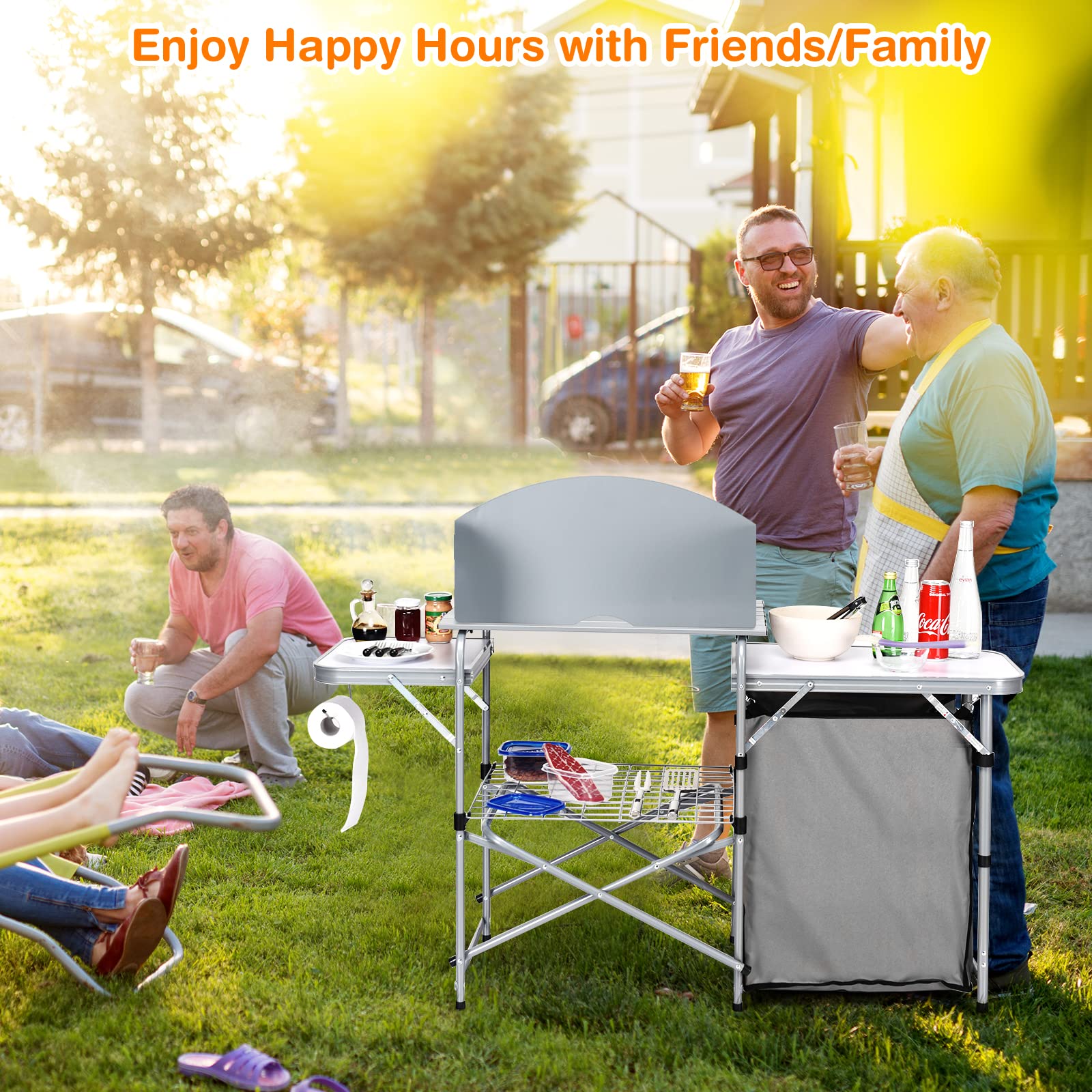 **Tangkula Folding Camping Kitchen Table - Aluminum Portable Grill Table with Windscreen & Storage Shelves | Outdoor Cook Station for Picnics, BBQ & Camping | Quick Setup & Carry Bag Included**