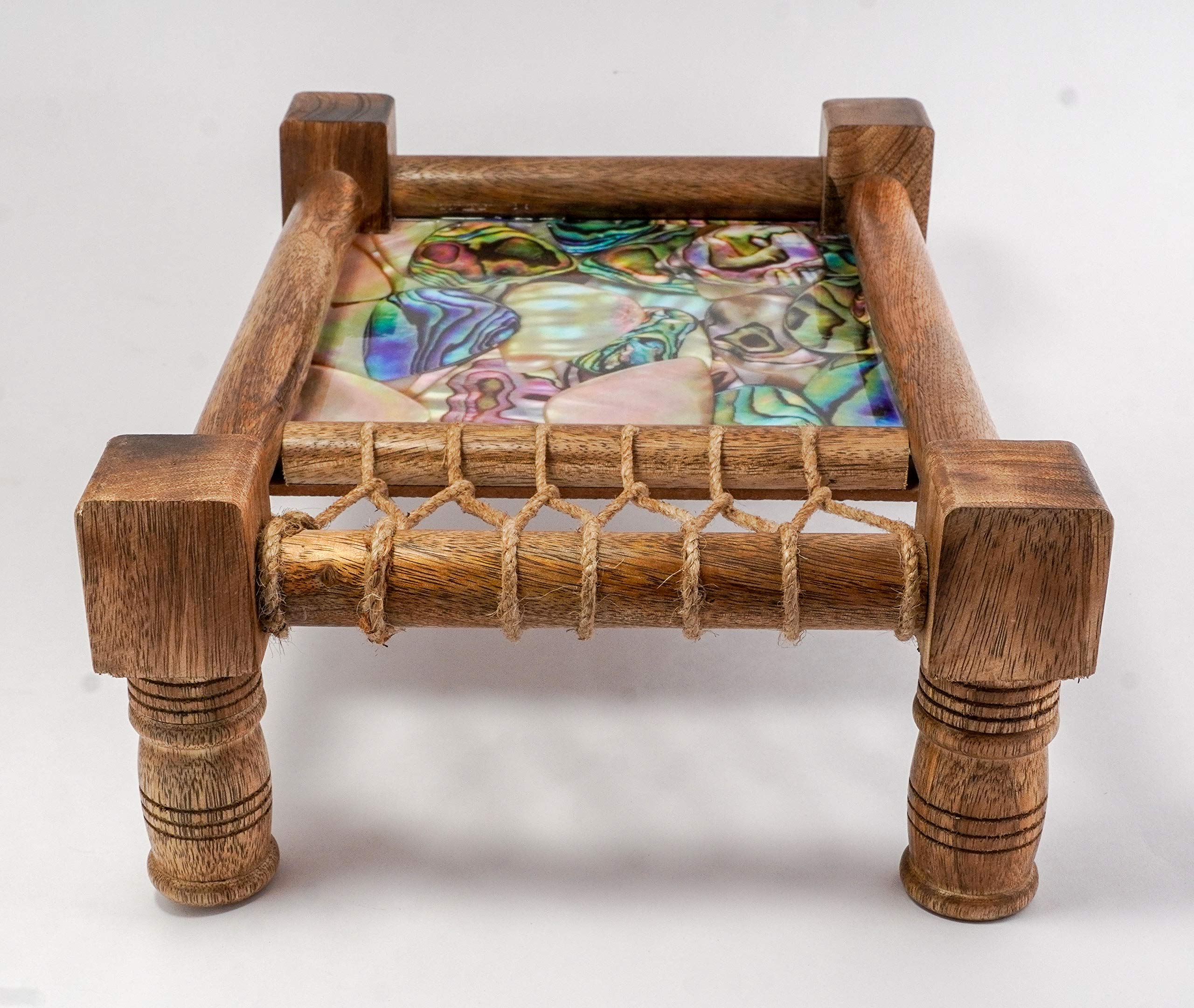 Handmade Wooden Decorative Tray for Bed - Traditional Indian Style Snack & Drink Serving Tray with Jute Weaving - 16