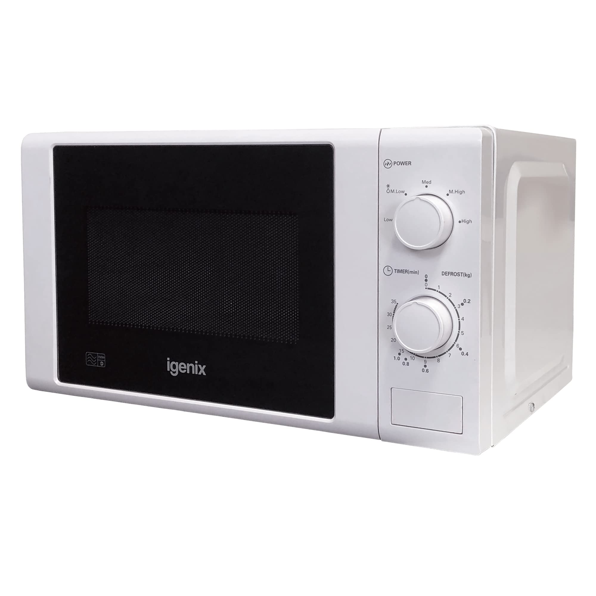 Igenix IG2071 Solo Manual Microwave Oven - 700W, 20L Capacity, 5 Power Levels & Defrost Function, 30-Minute Timer, White - Perfect for Small Kitchens, Dorms & Office Break Rooms