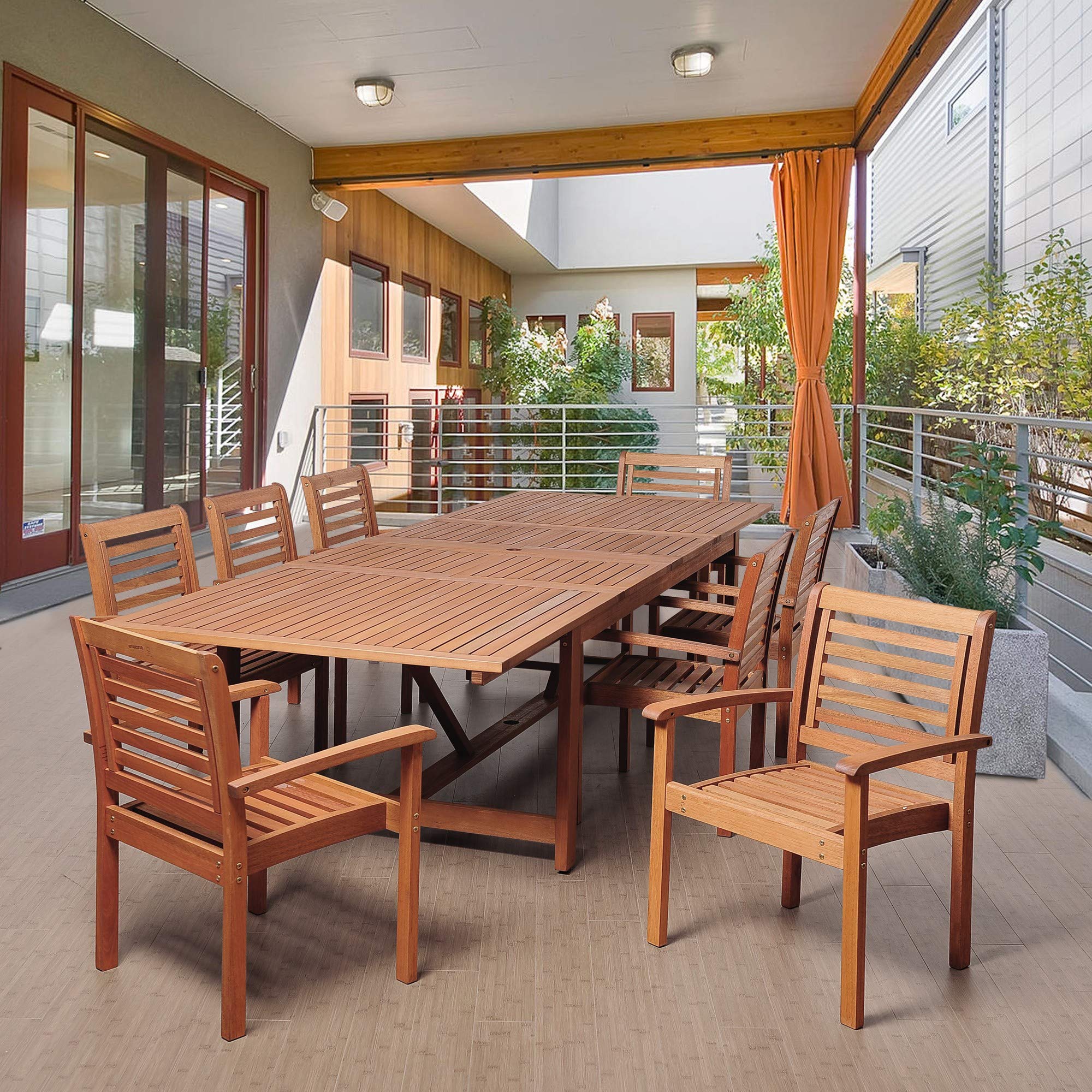 9-Piece Brown Brooks Eucalyptus Extendable Rectangular Outdoor Patio Dining Set 79