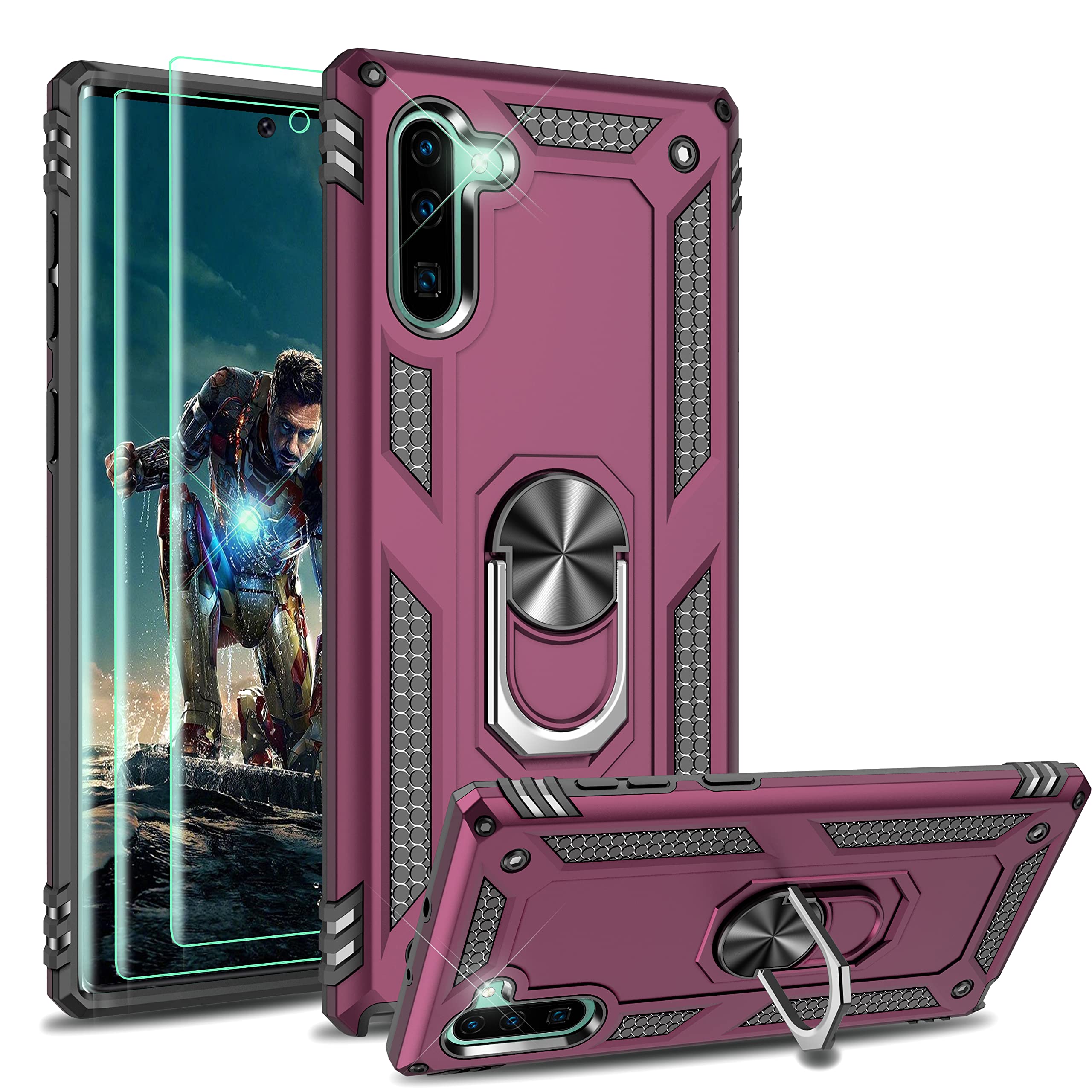 Galaxy Note 10 Case with [2 Pack] 3D Curved Tempered Glass Screen Protector & Magnetic Car Mount Holder - Wine Red - Perfect for Driving, Work, and Daily Protection